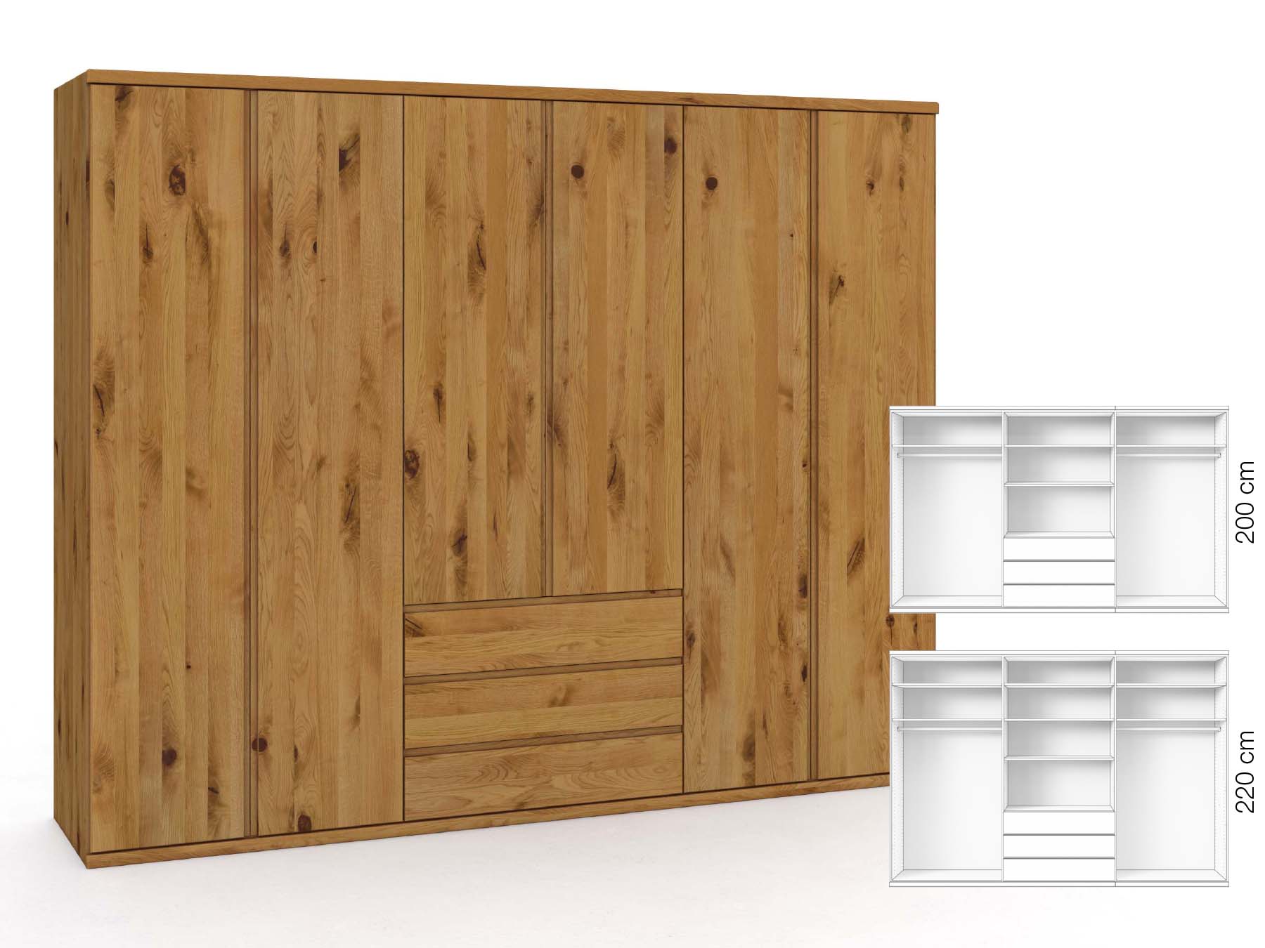 Wildeichenschrank „Valentin“, 6-türig, Höhe 220 cm, Griffausführung „Patrizia“, Inneneinrichtung: D