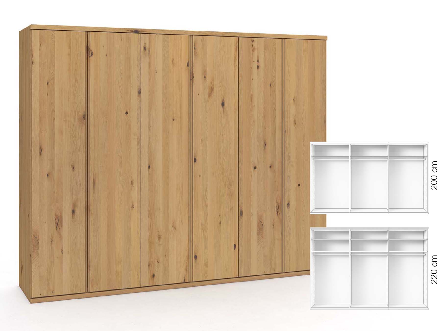 Wildeichenschrank Hell „Valentin“, 6-türig, Höhe 220 cm, Griffausführung „Patrizia“, Inneneinrichtung: A