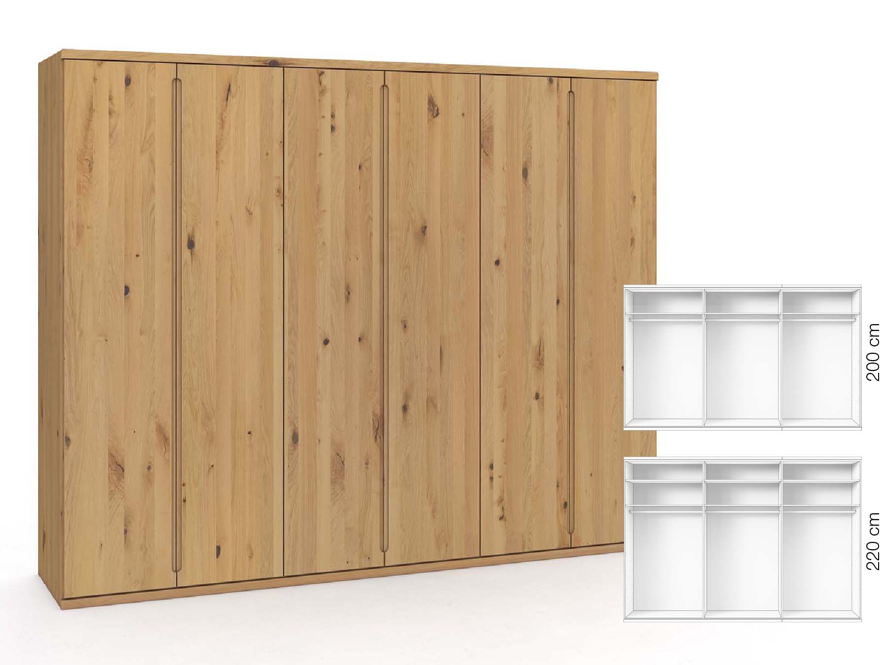 Wildeichenschrank Hell „Valentin“, 6-türig, Höhe 220 cm, Griffausführung „Lukas“, Inneneinrichtung: A