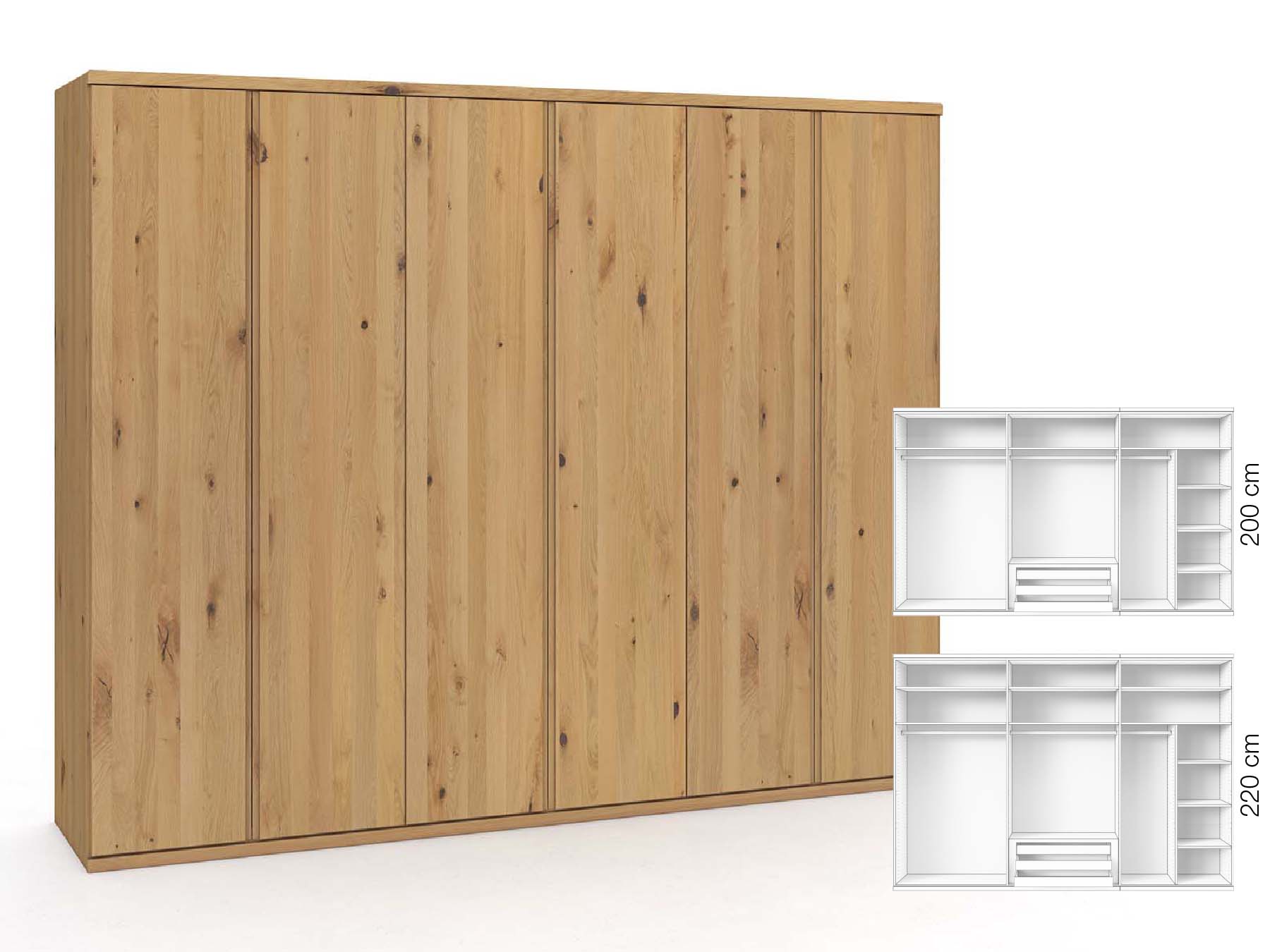 Wildeichenschrank Hell „Valentin“, 6-türig, Höhe 220 cm, Griffausführung „Patrizia“, Inneneinrichtung: B