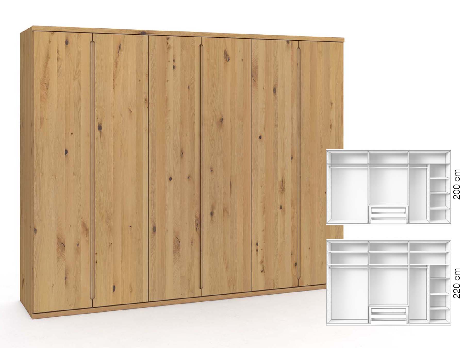 Wildeichenschrank Hell „Valentin“, 6-türig, Höhe 220 cm, Griffausführung „Lukas“, Inneneinrichtung: B
