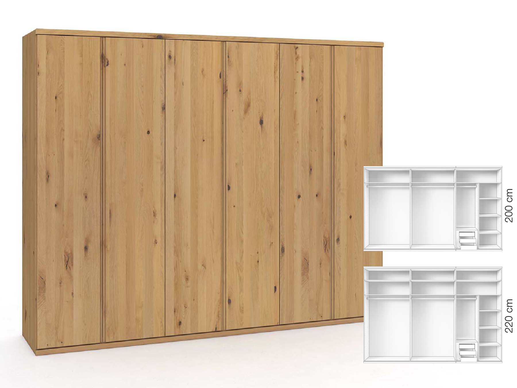 Wildeichenschrank Hell „Valentin“, 6-türig, Höhe 220 cm, Griffausführung „Patrizia“, Inneneinrichtung: C