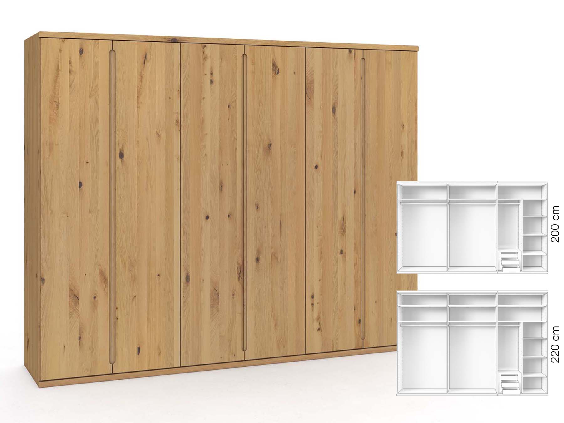 Wildeichenschrank Hell „Valentin“, 6-türig, Höhe 220 cm, Griffausführung „Lukas“, Inneneinrichtung: C