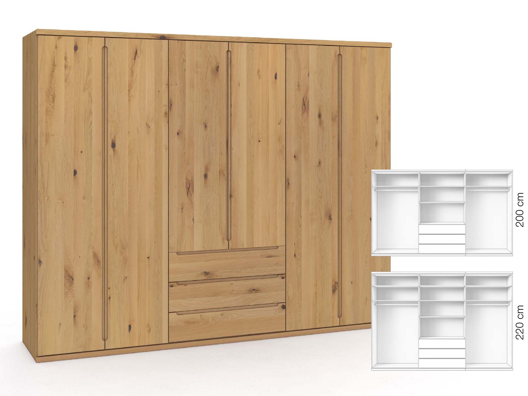 Wildeichenschrank Hell „Valentin“, 6-türig, Höhe 220 cm, Griffausführung „Lukas“, Inneneinrichtung: D