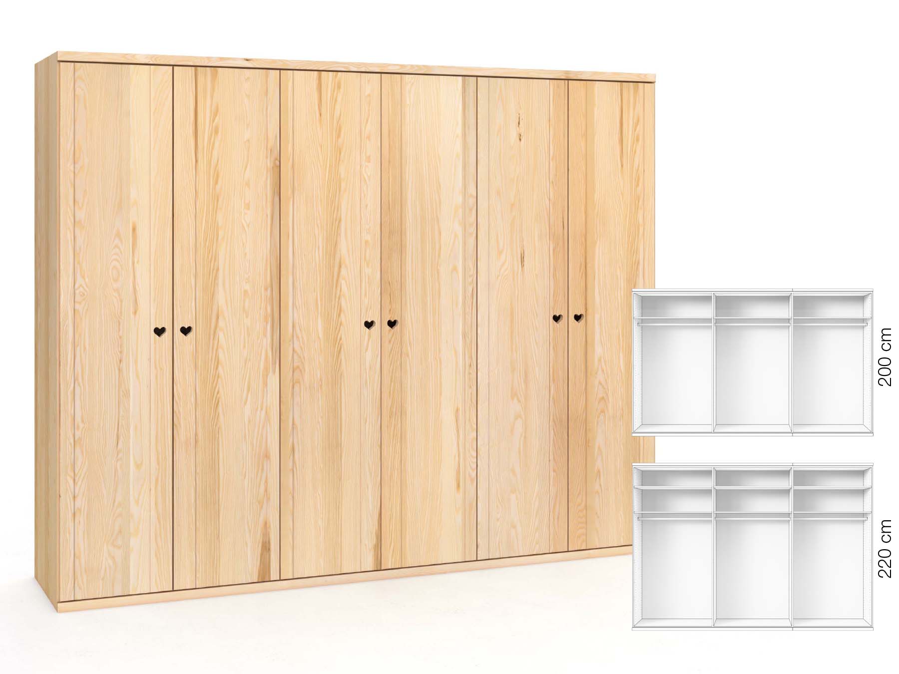 Eschenschrank „Egon“, 6-türig, Höhe 220 cm, Griffausführung „Heidi“, Inneneinrichtung: A