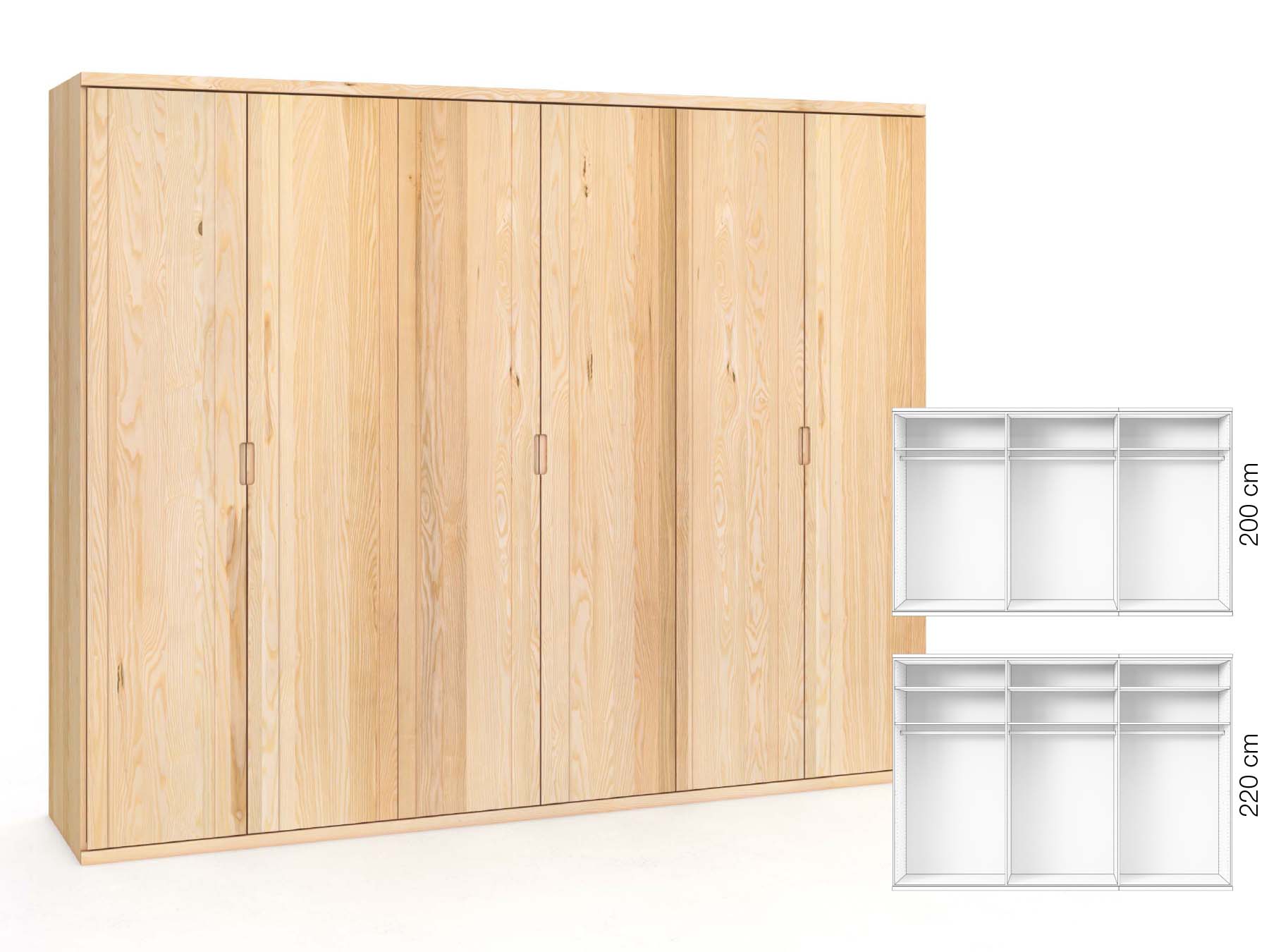 Eschenschrank „Egon“, 6-türig, Höhe 220 cm, Griffausführung „Lukas“, Inneneinrichtung: A