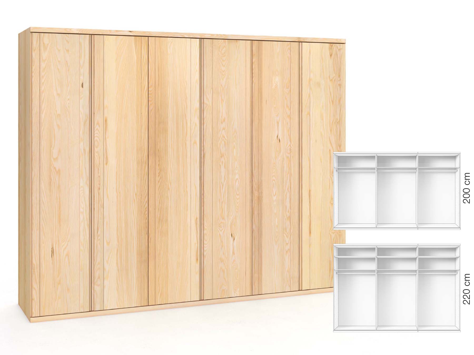 Eschenschrank „Egon“, 6-türig, Höhe 220 cm, Griffausführung „Patrizia“, Inneneinrichtung: A