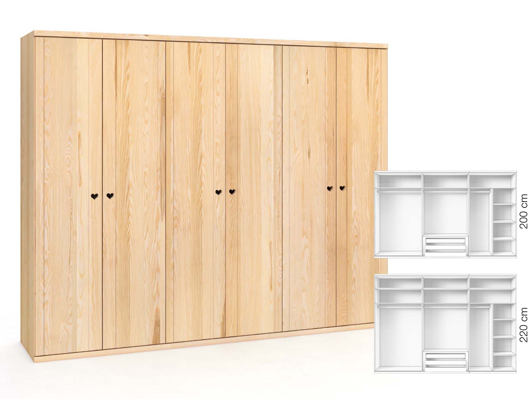 Eschenschrank „Egon“, 6-türig, Höhe 220 cm, Griffausführung „Heidi“, Inneneinrichtung: B
