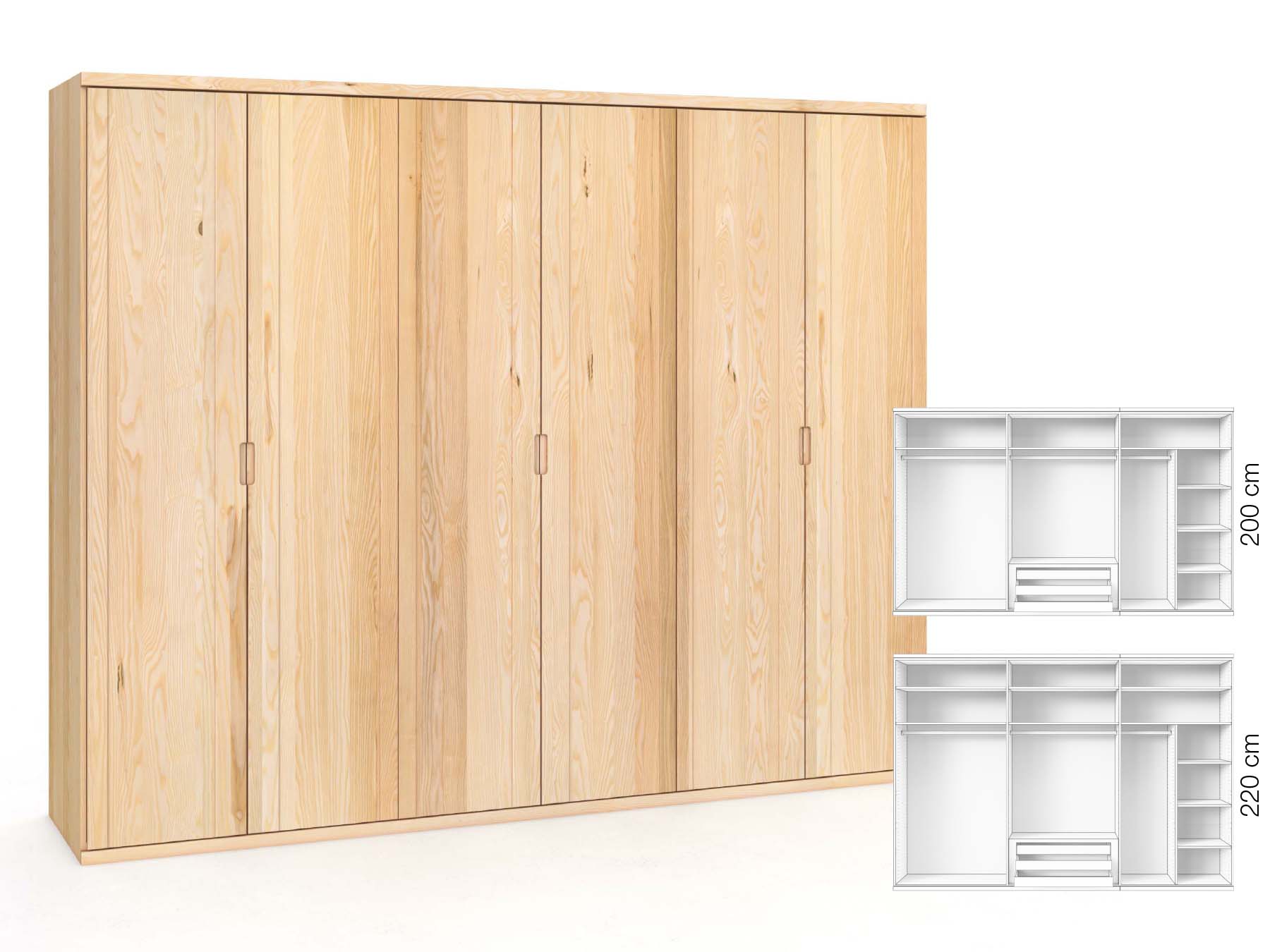 Eschenschrank „Egon“, 6-türig, Höhe 220 cm, Griffausführung „Lukas“, Inneneinrichtung: B