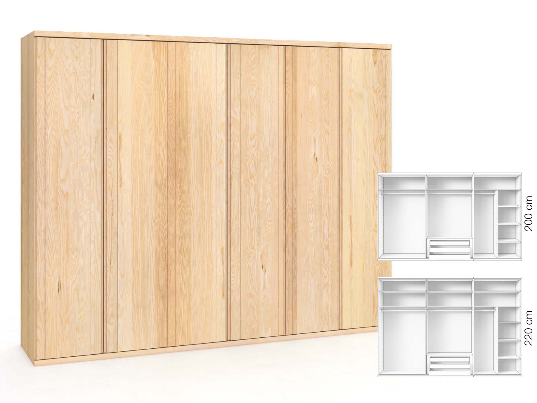Eschenschrank „Egon“, 6-türig, Höhe 220 cm, Griffausführung „Patrizia“, Inneneinrichtung: B