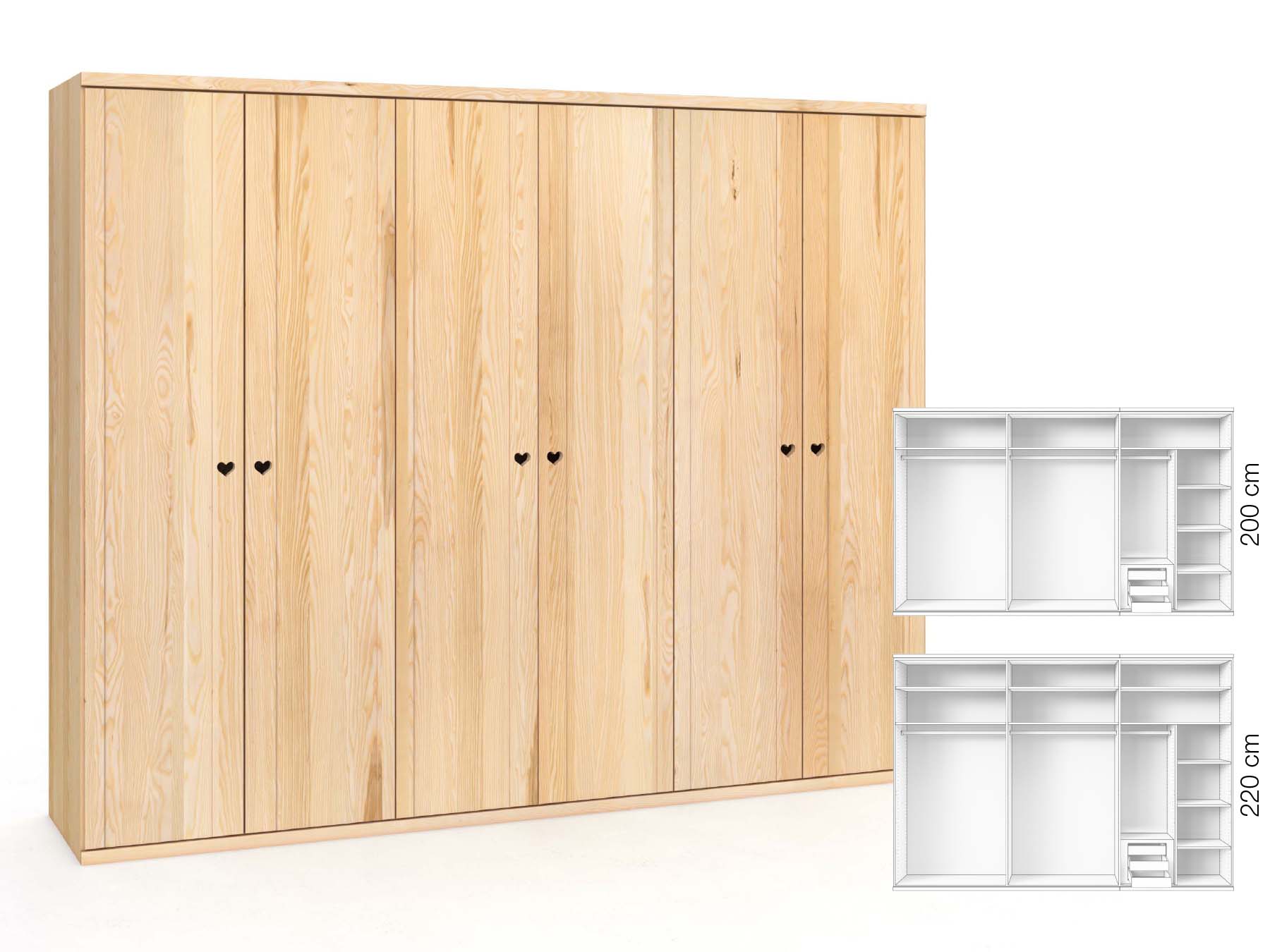 Eschenschrank „Egon“, 6-türig, Höhe 220 cm, Griffausführung „Heidi“, Inneneinrichtung: C