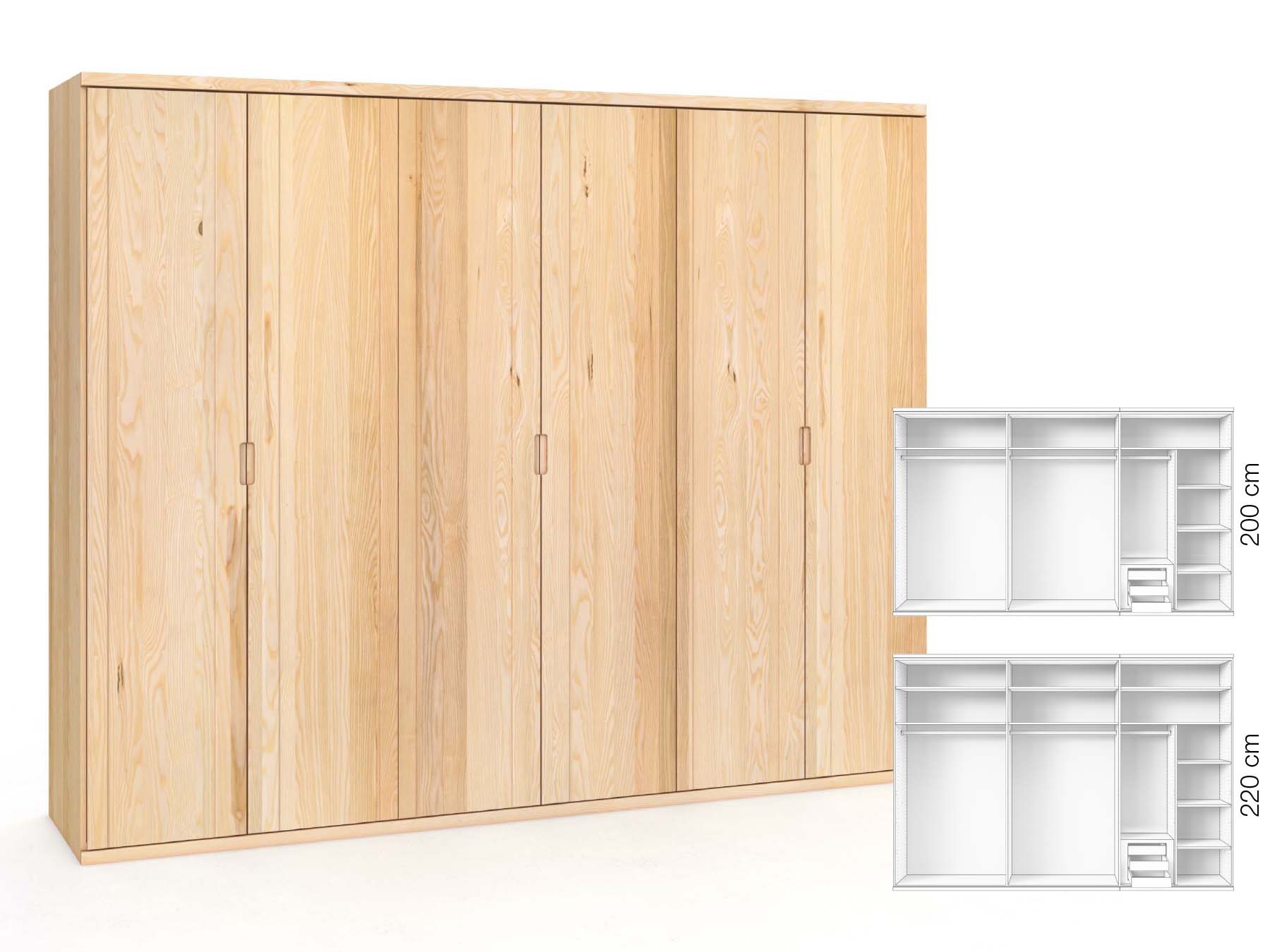 Eschenschrank „Egon“, 6-türig, Höhe 220 cm, Griffausführung „Lukas“, Inneneinrichtung: C