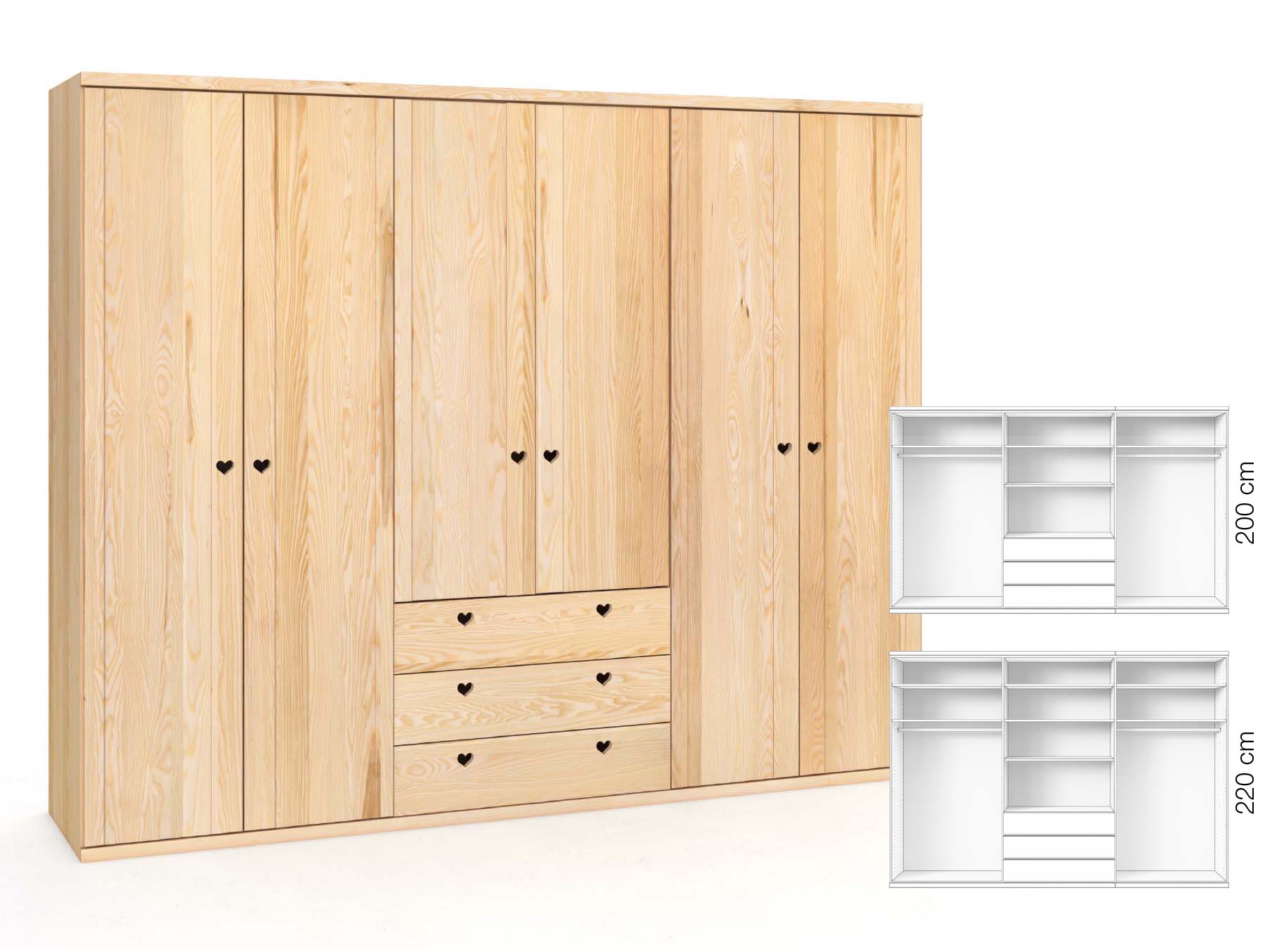 Eschenschrank „Egon“, 6-türig, Höhe 220 cm, Griffausführung „Heidi“, Inneneinrichtung: D