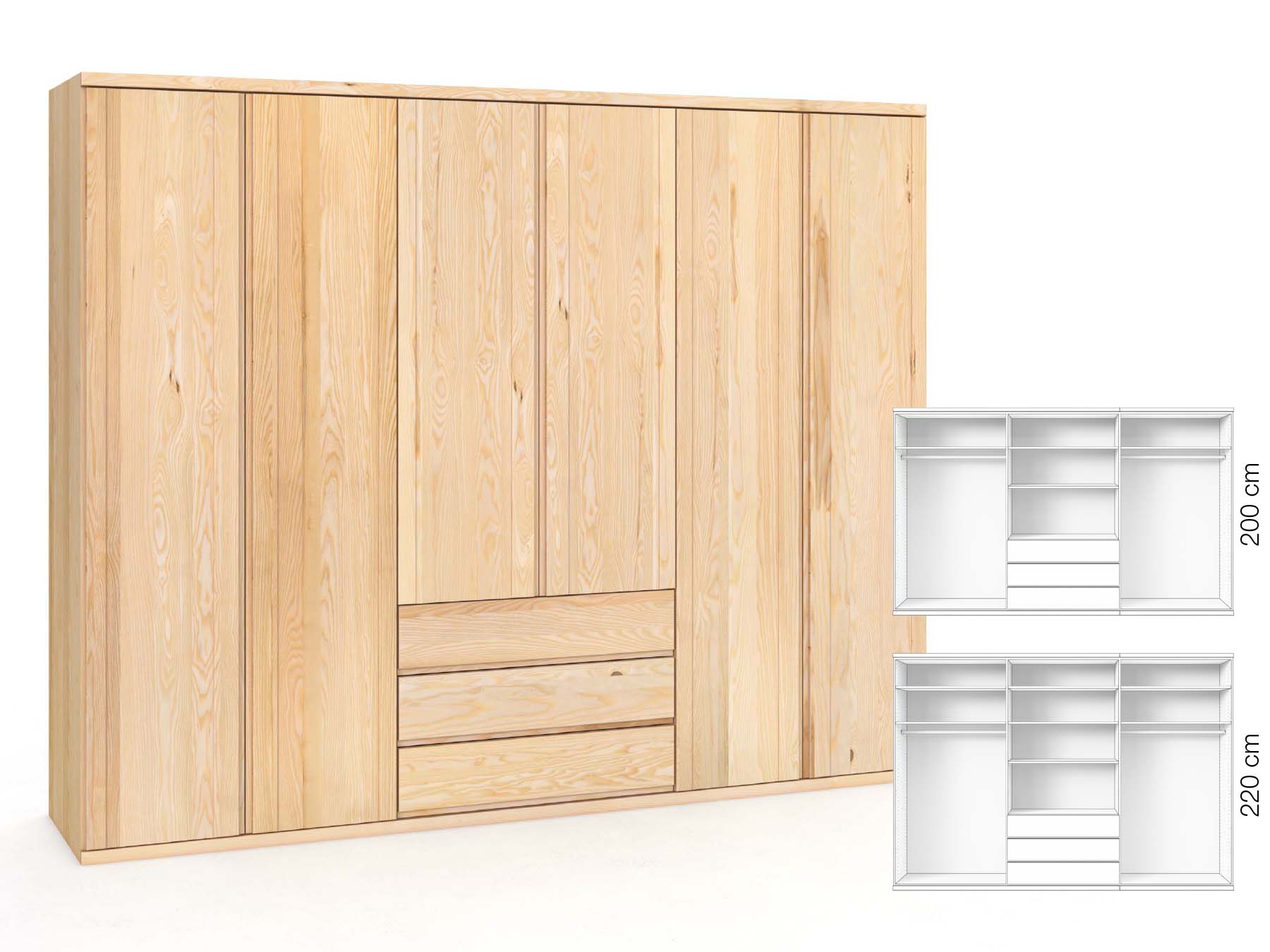 Eschenschrank „Egon“, 6-türig, Höhe 220 cm, Griffausführung „Patrizia“, Inneneinrichtung: D