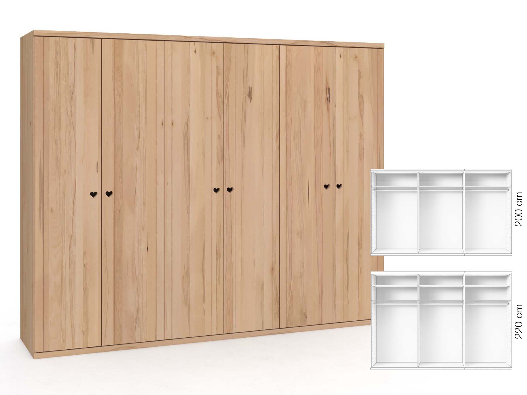Buchenschrank „Egon“, 6-türig, Höhe 220 cm, Griffausführung „Heidi“, Inneneinrichtung: A