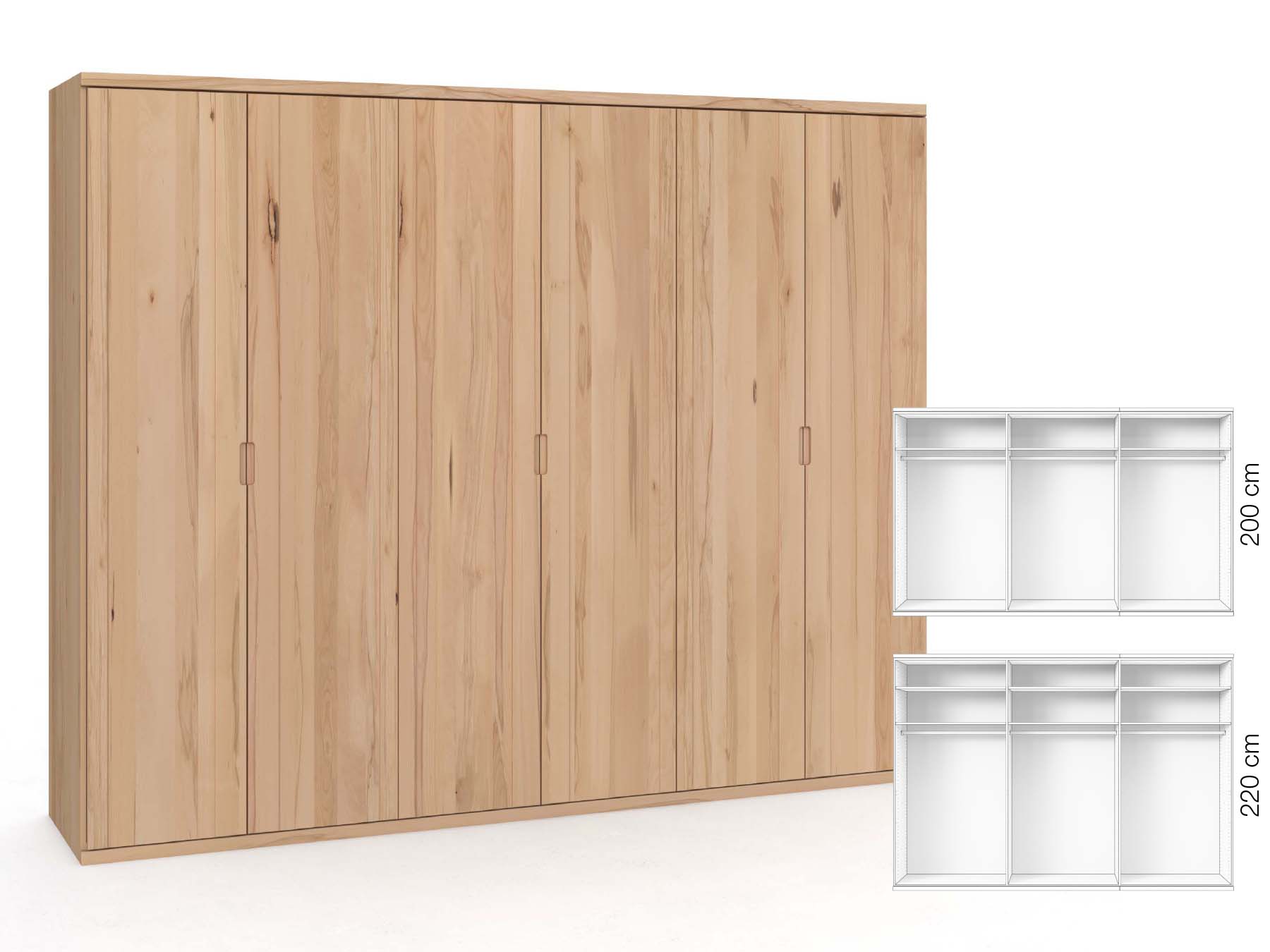 Buchenschrank „Egon“, 6-türig, Höhe 220 cm, Griffausführung „Lukas“, Inneneinrichtung: A