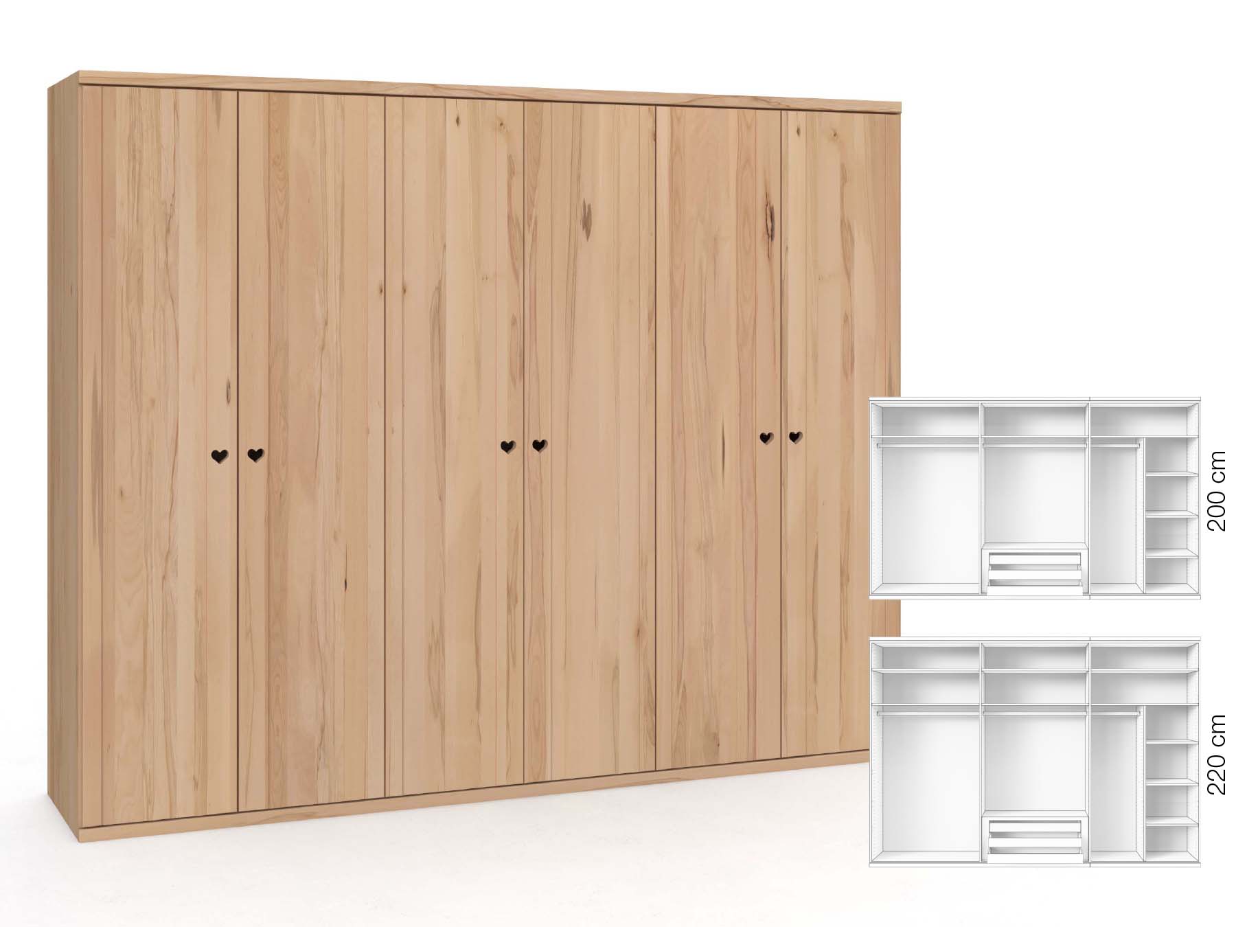 Buchenschrank „Egon“, 6-türig, Höhe 220 cm, Griffausführung „Heidi“, Inneneinrichtung: B