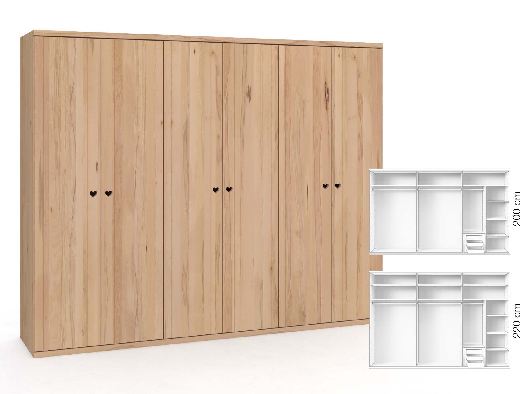 Buchenschrank „Egon“, 6-türig, Höhe 220 cm, Griffausführung „Heidi“, Inneneinrichtung: C