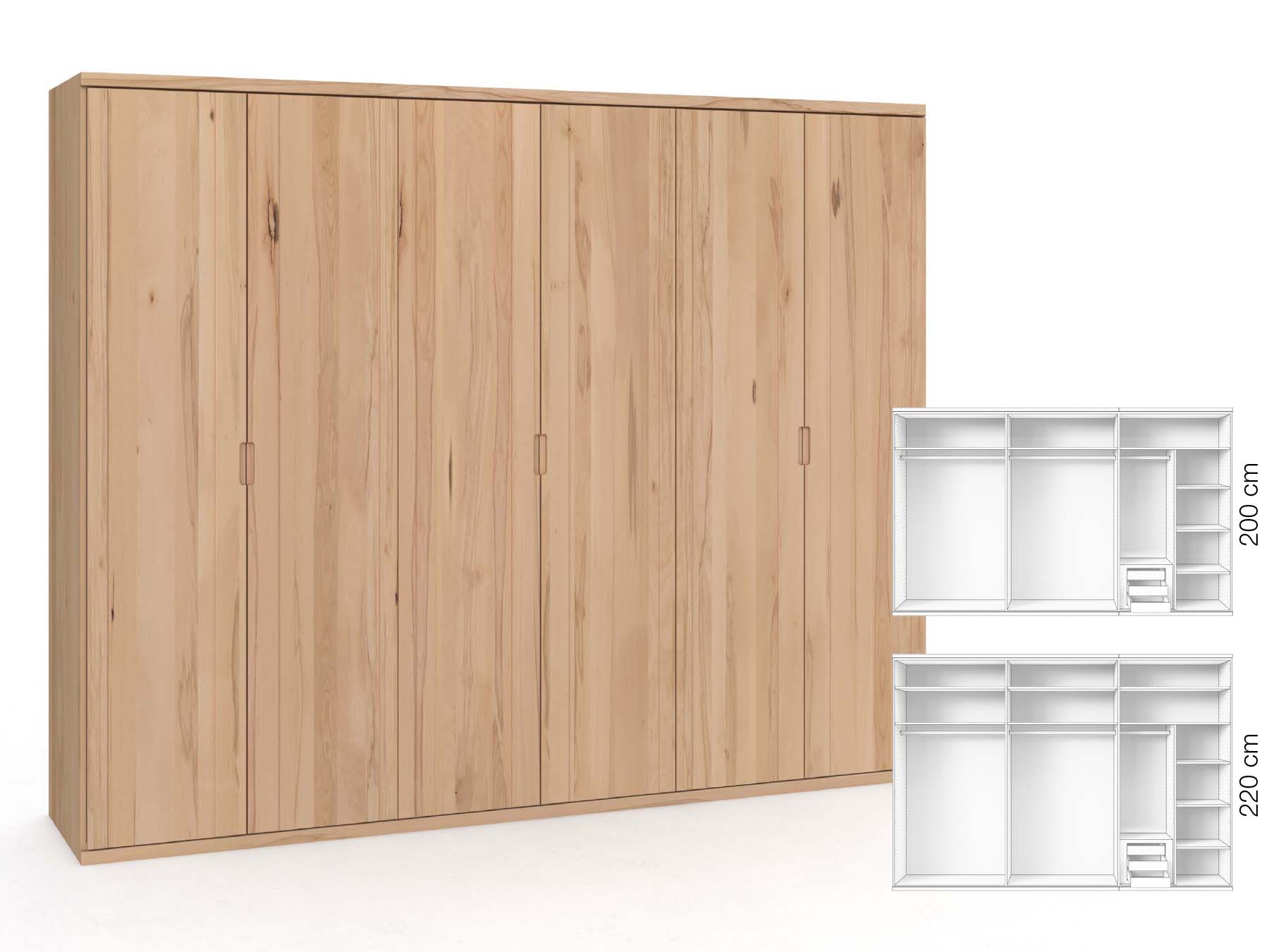 Buchenschrank „Egon“, 6-türig, Höhe 220 cm, Griffausführung „Lukas“, Inneneinrichtung: C