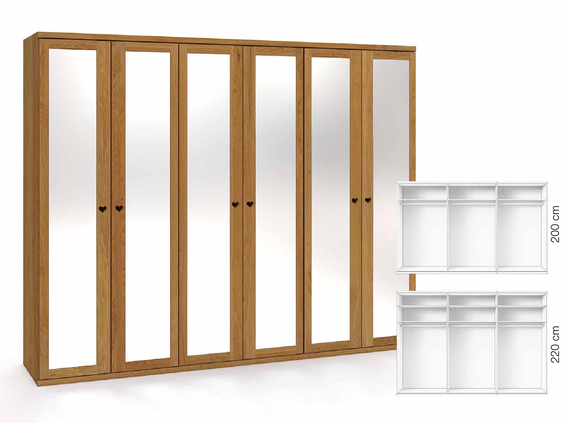 Eichenschrank „Sandra“, 6-türig, Höhe 220 cm, Griffausführung „Heidi“, Inneneinrichtung: A