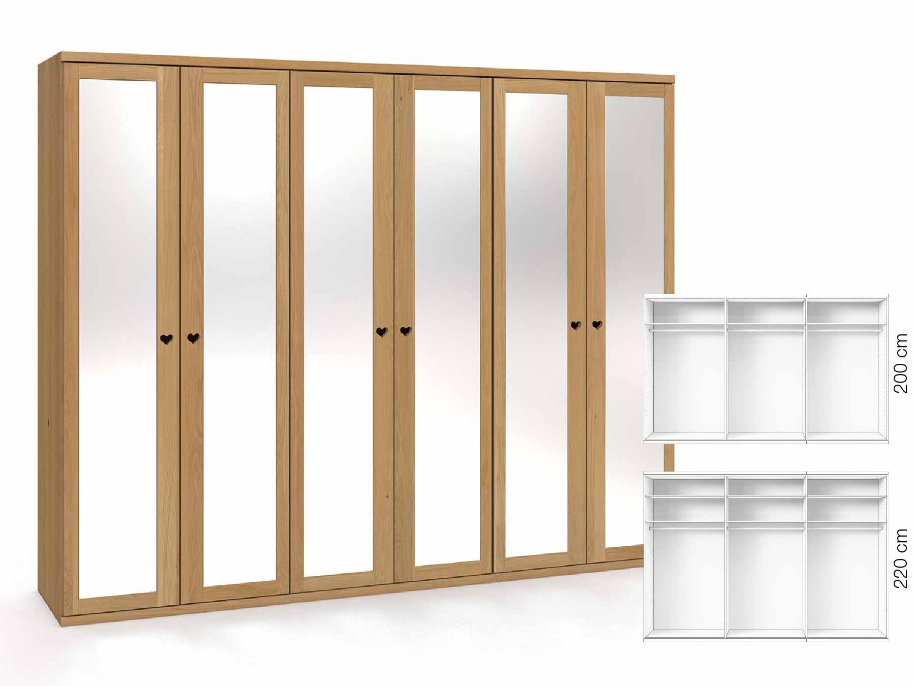 Eichenschrank Hell „Sandra“, 6-türig, Höhe 220 cm, Griffausführung „Heidi“, Inneneinrichtung: A