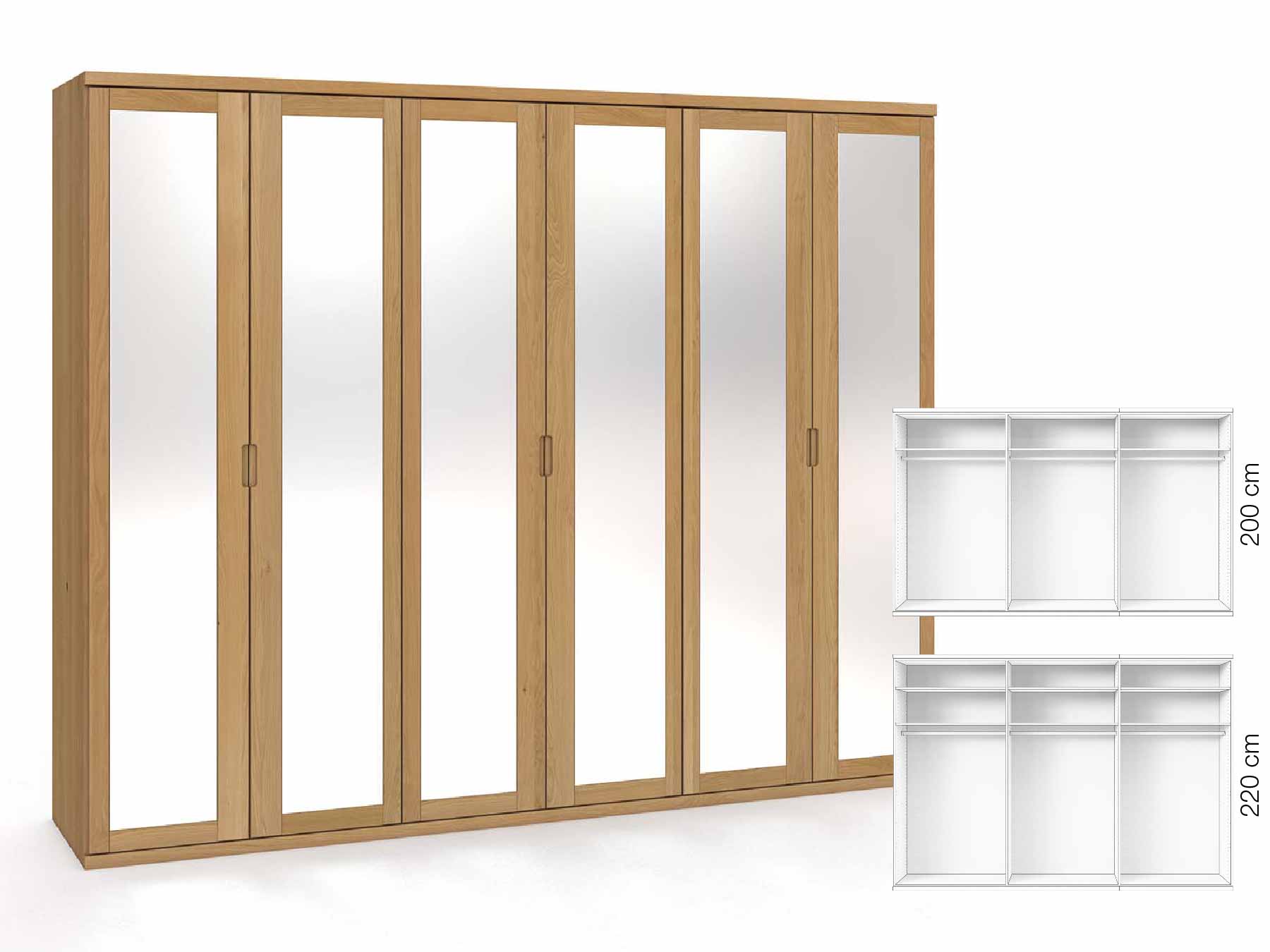 Eichenschrank Hell „Sandra“, 6-türig, Höhe 220 cm, Griffausführung „Lukas“, Inneneinrichtung: A