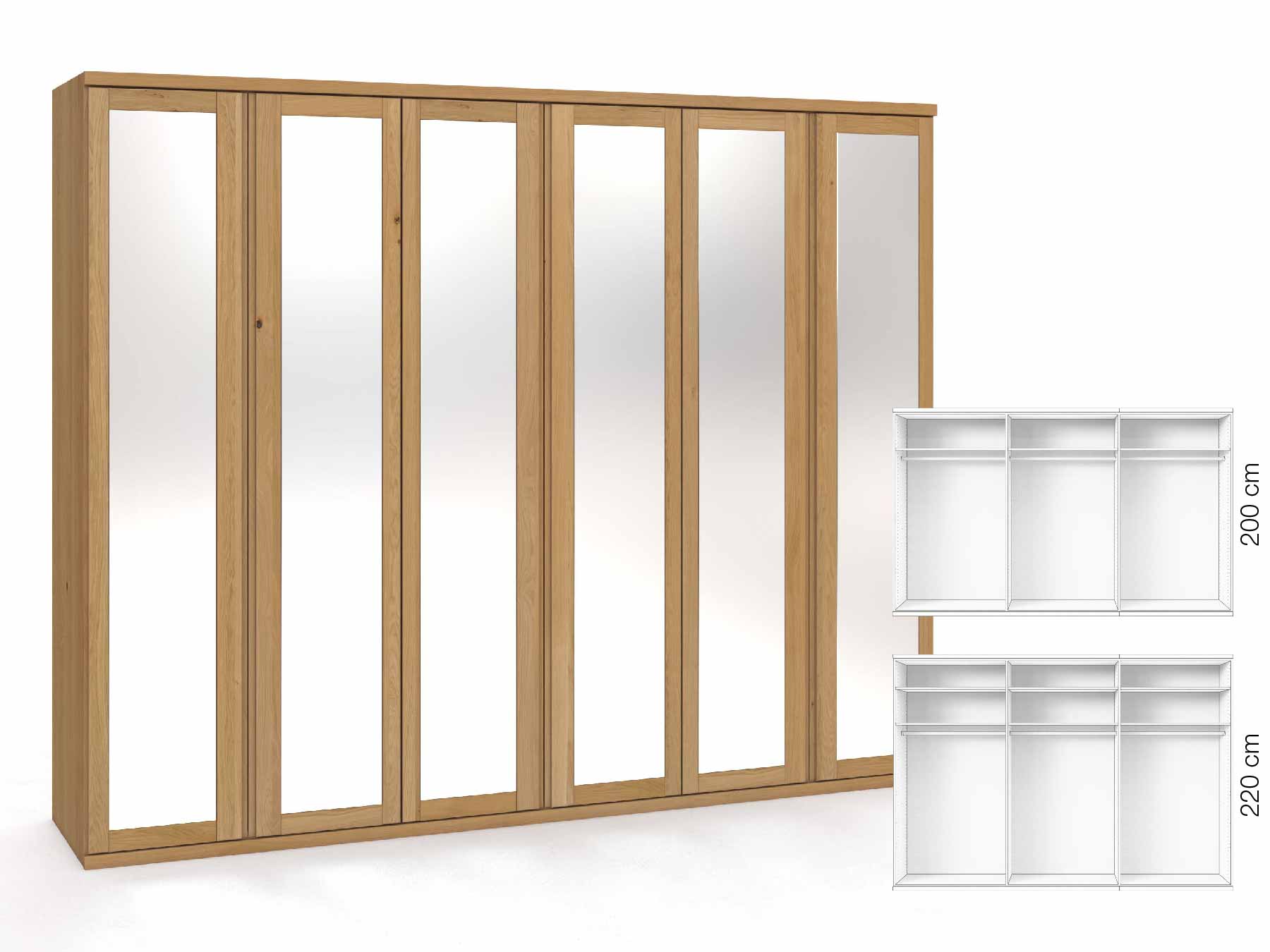 Eichenschrank Hell „Sandra“, 6-türig, Höhe 220 cm, Griffausführung „Patrizia“, Inneneinrichtung: A