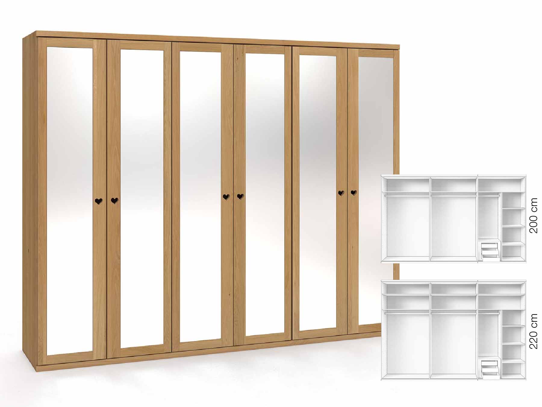 Eichenschrank Hell „Sandra“, 6-türig, Höhe 220 cm, Griffausführung „Heidi“, Inneneinrichtung: C