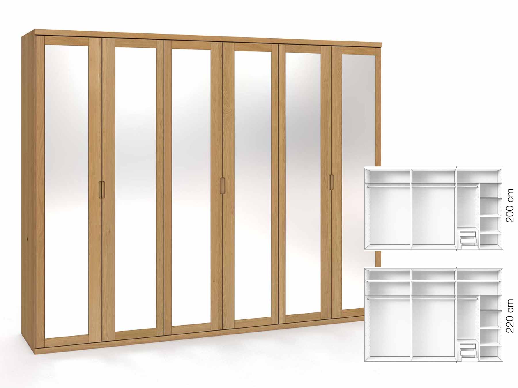 Eichenschrank Hell „Sandra“, 6-türig, Höhe 220 cm, Griffausführung „Lukas“, Inneneinrichtung: C