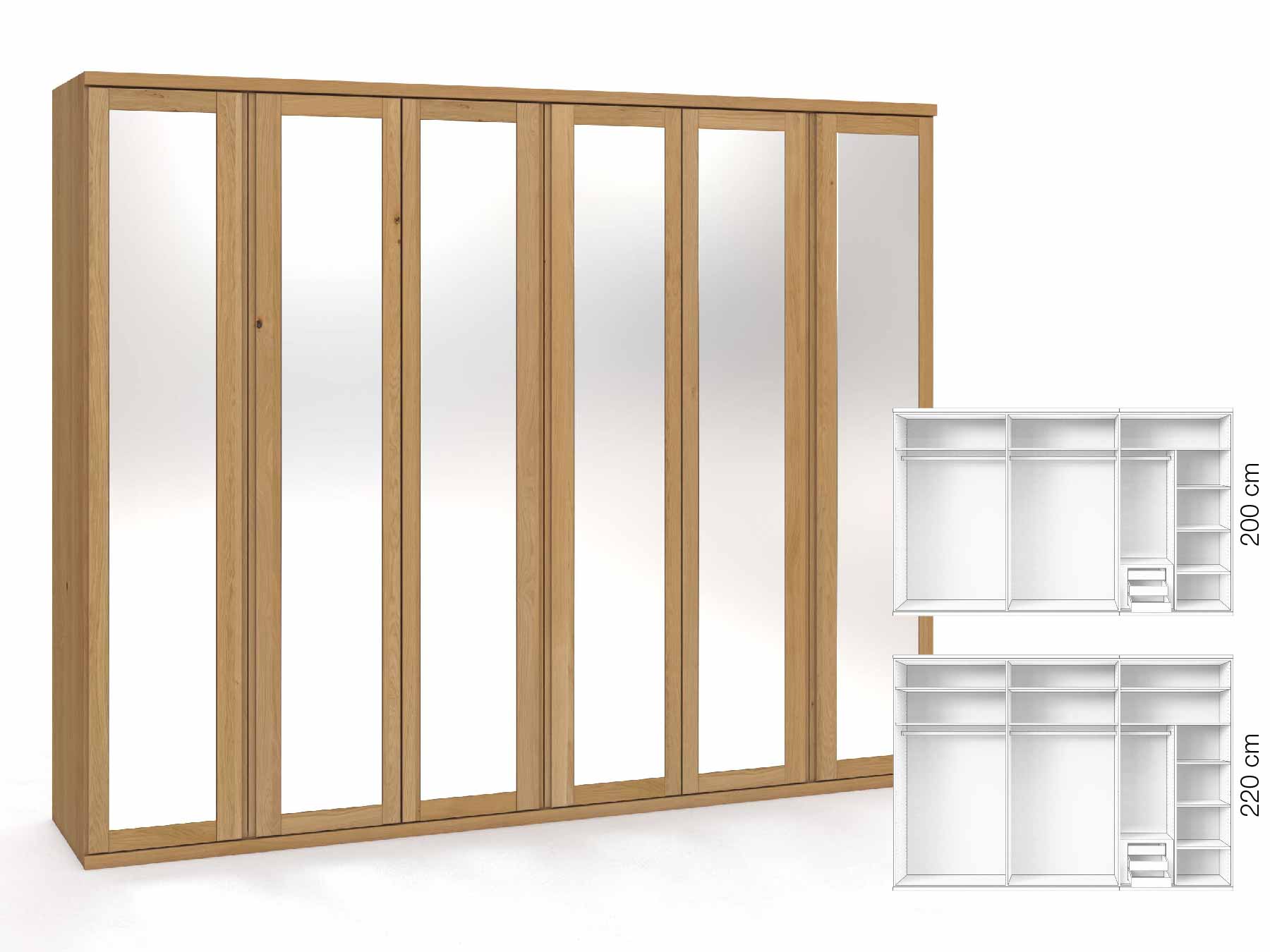 Eichenschrank Hell „Sandra“, 6-türig, Höhe 220 cm, Griffausführung „Patrizia“, Inneneinrichtung: C