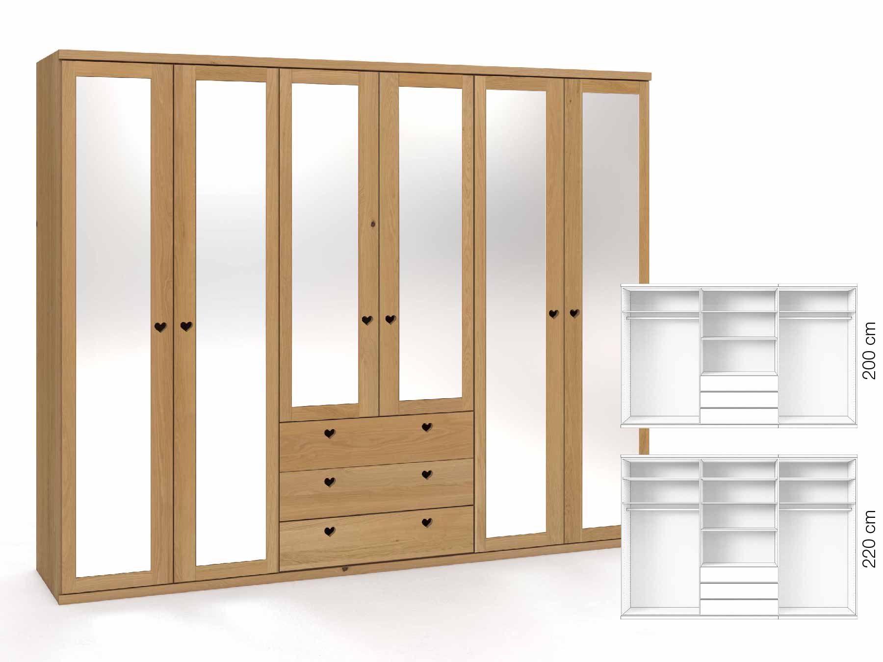 Eichenschrank Hell „Sandra“, 6-türig, Höhe 220 cm, Griffausführung „Heidi“, Inneneinrichtung: D