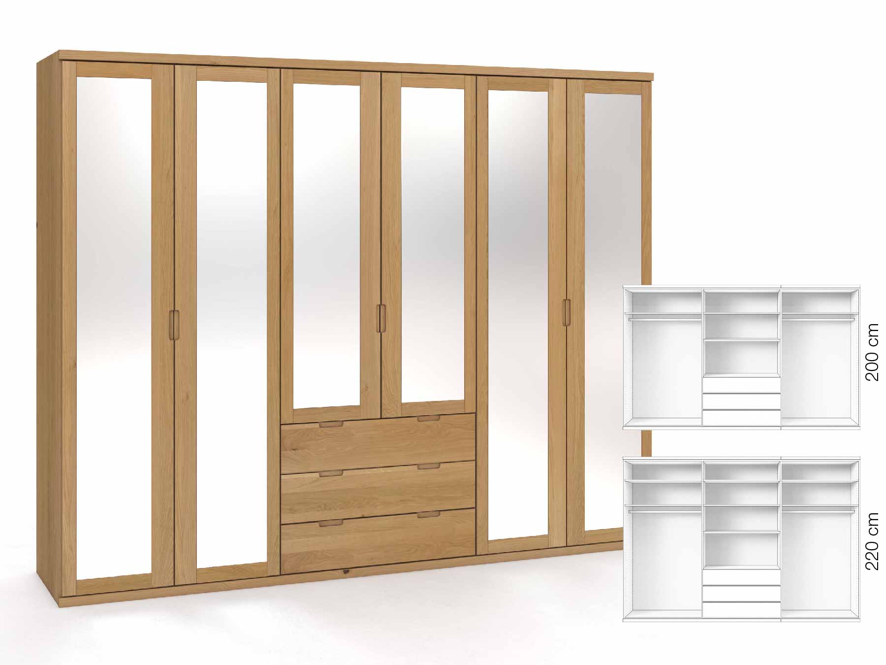 Eichenschrank Hell „Sandra“, 6-türig, Höhe 220 cm, Griffausführung „Lukas“, Inneneinrichtung: D