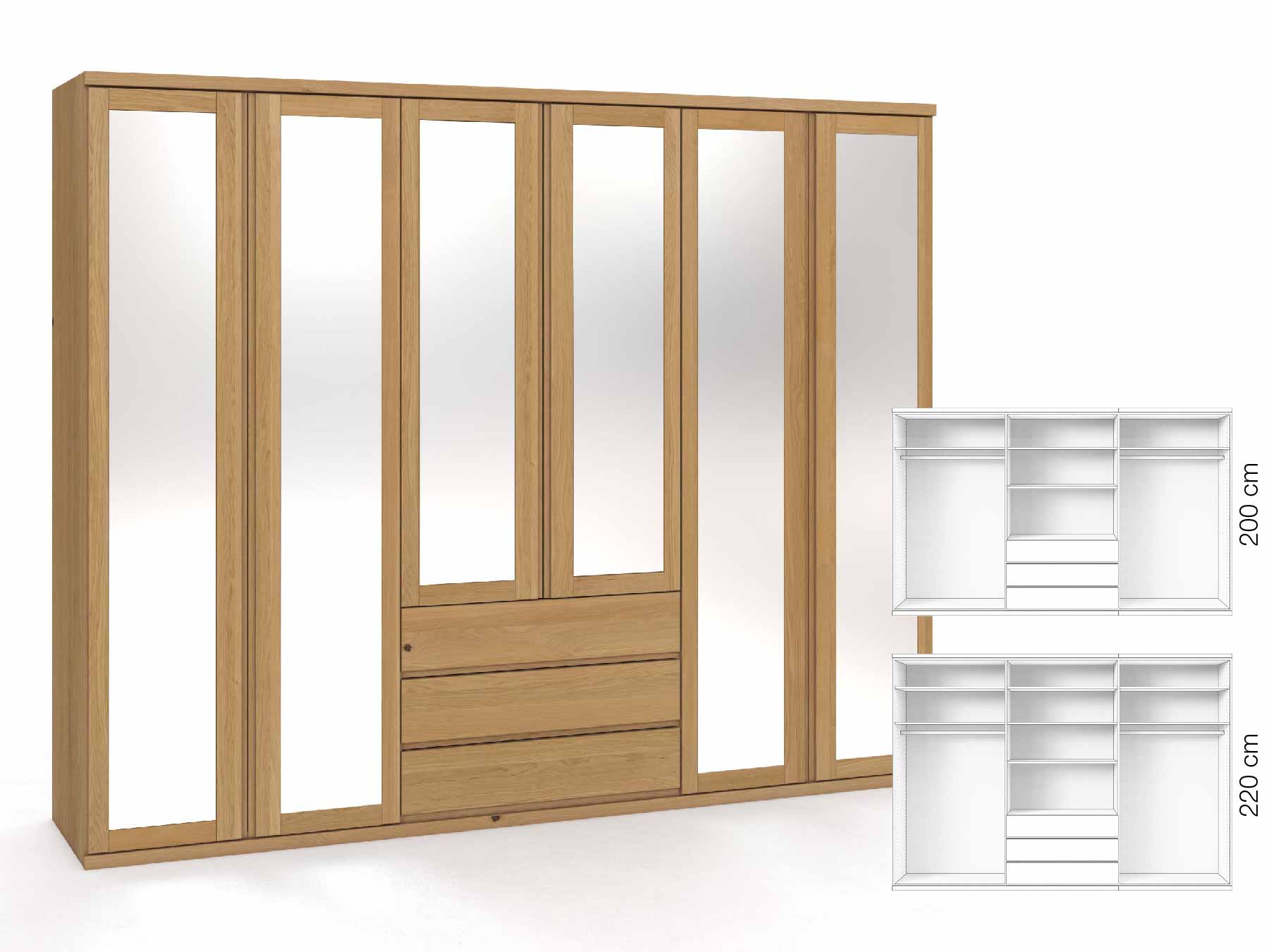 Eichenschrank Hell „Sandra“, 6-türig, Höhe 220 cm, Griffausführung „Patrizia“, Inneneinrichtung: D
