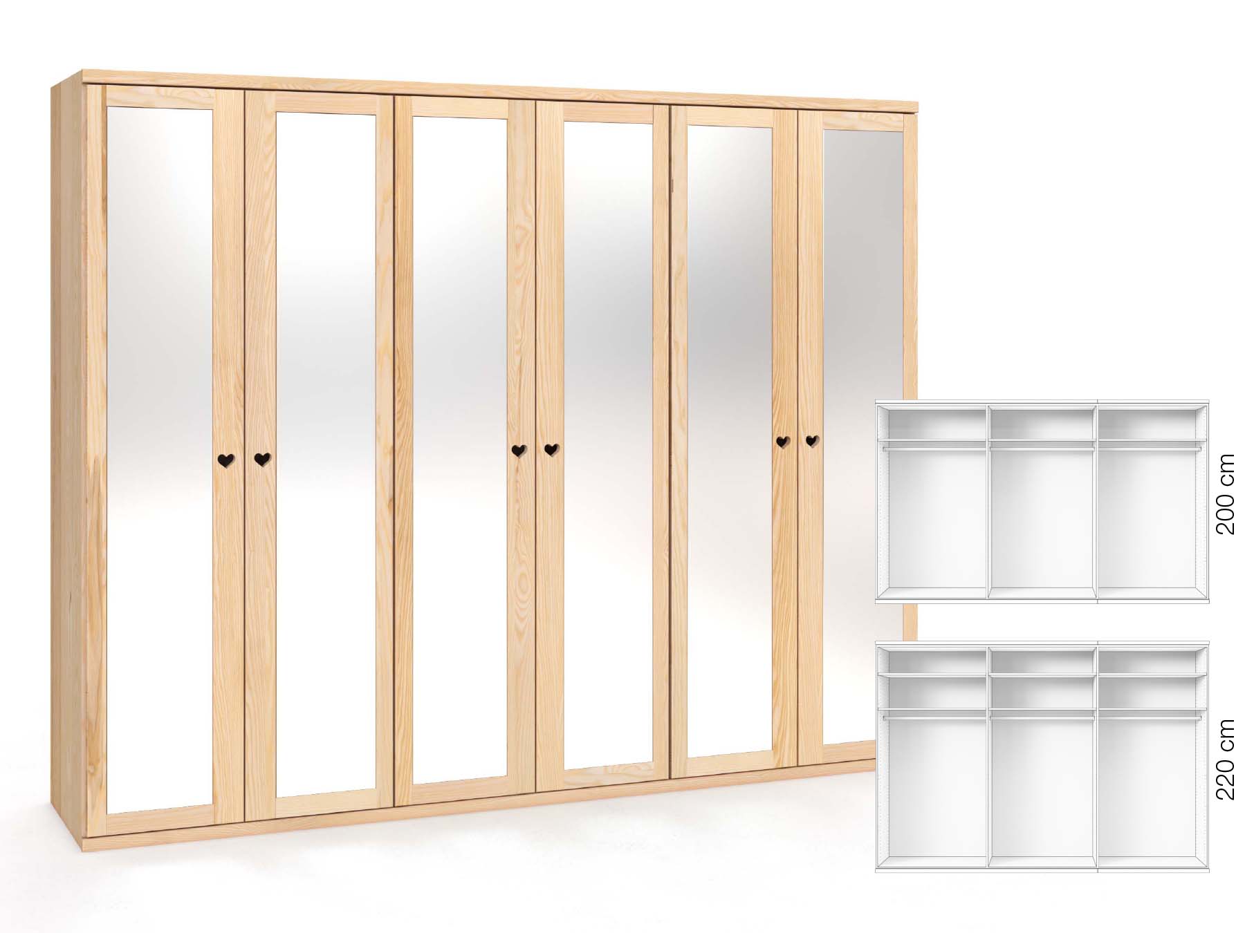 Eschenschrank „Sandra“, 6-türig, Höhe 220 cm, Griffausführung „Heidi“, Inneneinrichtung: A