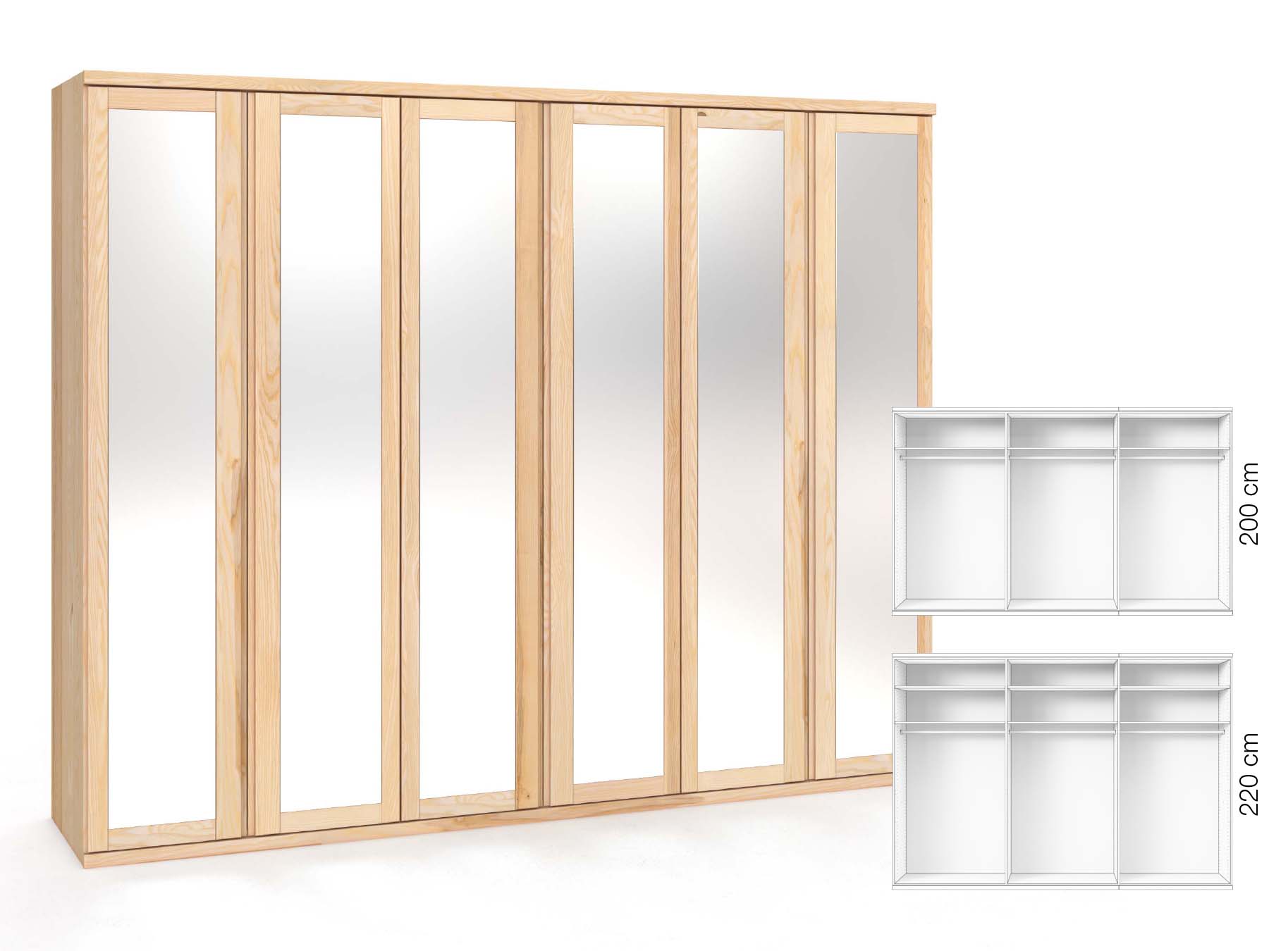Eschenschrank „Sandra“, 6-türig, Höhe 220 cm, Griffausführung „Patrizia“, Inneneinrichtung: A