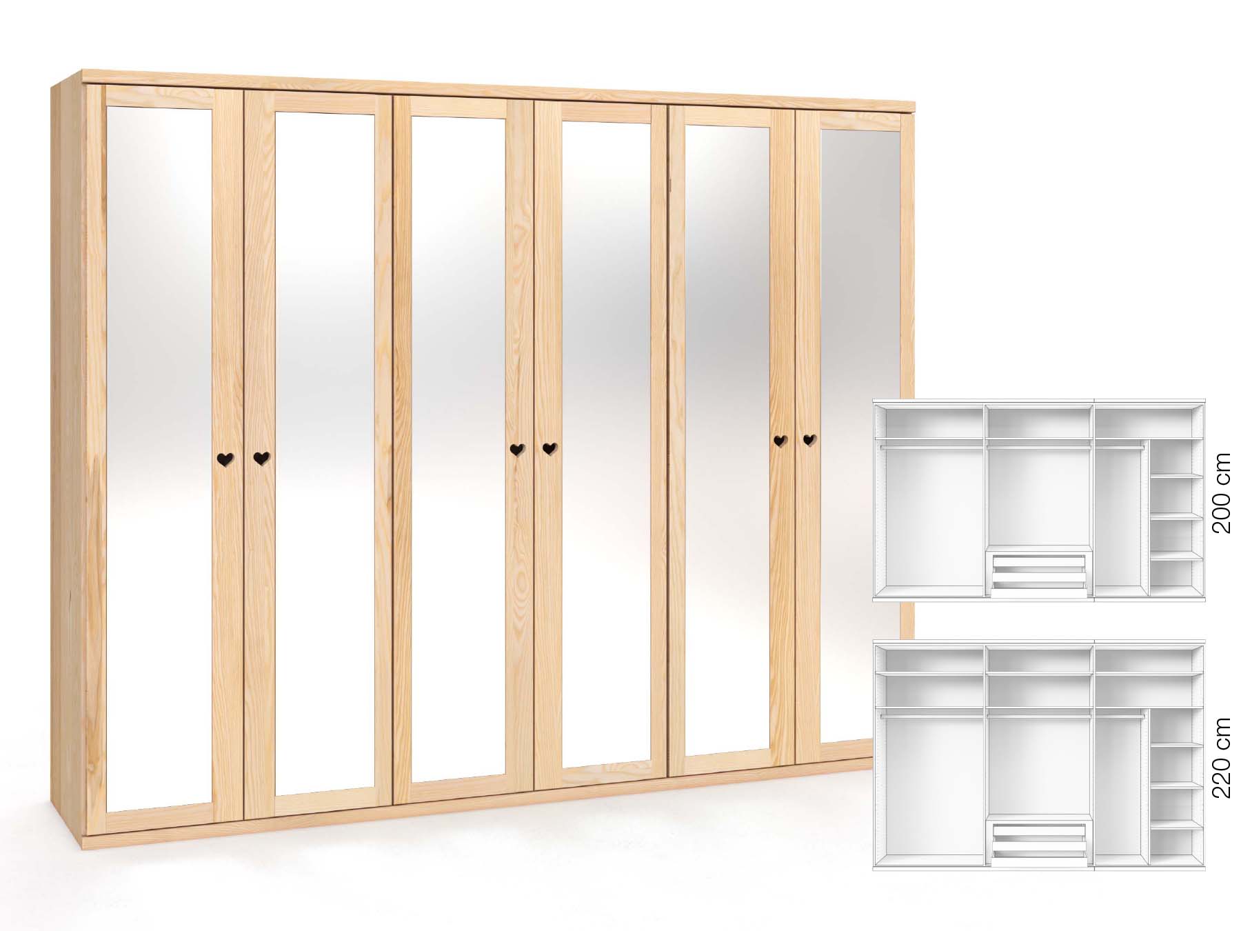 Eschenschrank „Sandra“, 6-türig, Höhe 220 cm, Griffausführung „Heidi“, Inneneinrichtung: B