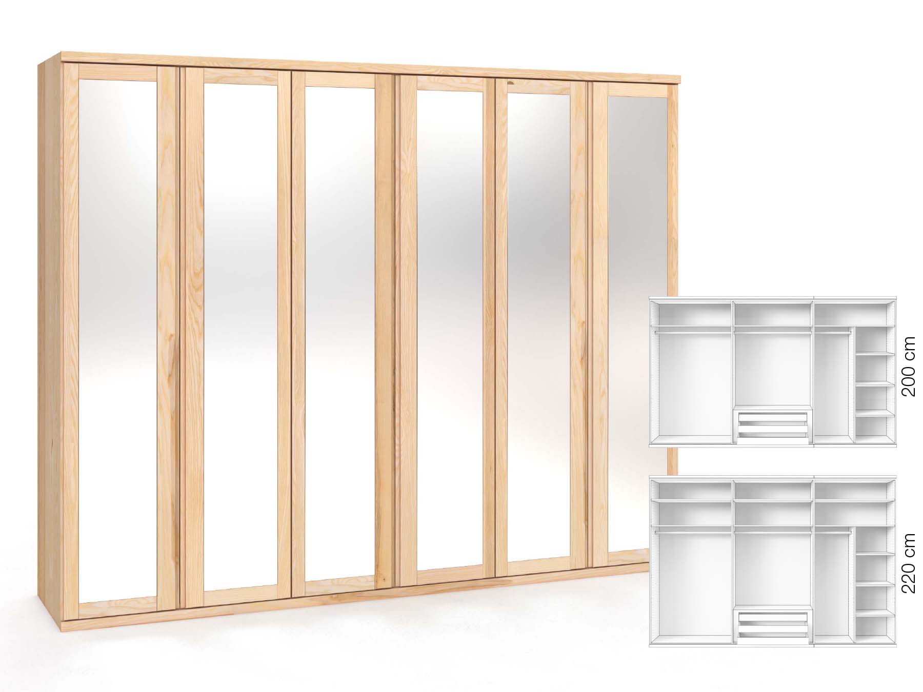 Eschenschrank „Sandra“, 6-türig, Höhe 220 cm, Griffausführung „Patrizia“, Inneneinrichtung: B