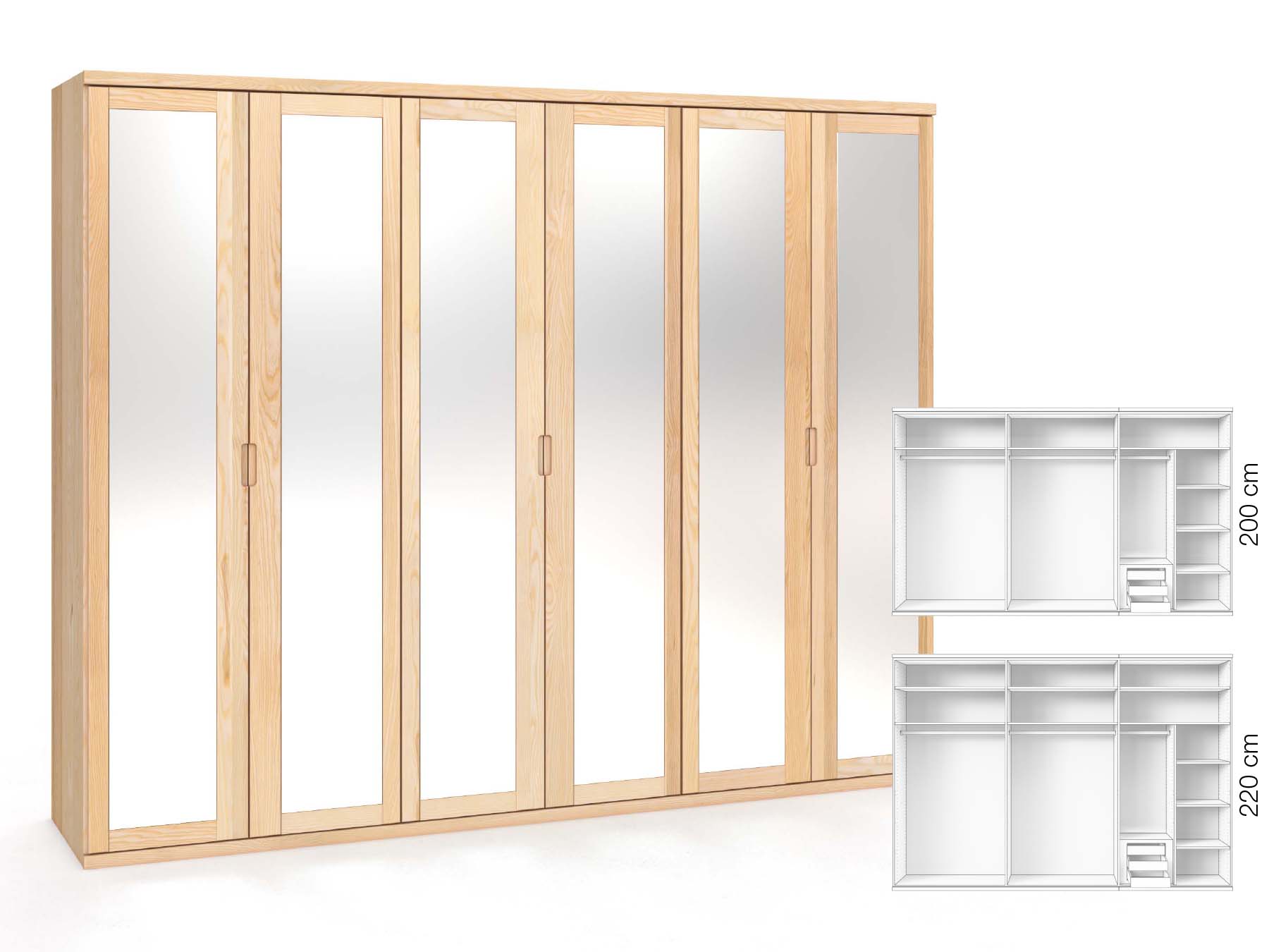 Eschenschrank „Sandra“, 6-türig, Höhe 220 cm, Griffausführung „Lukas“, Inneneinrichtung: C