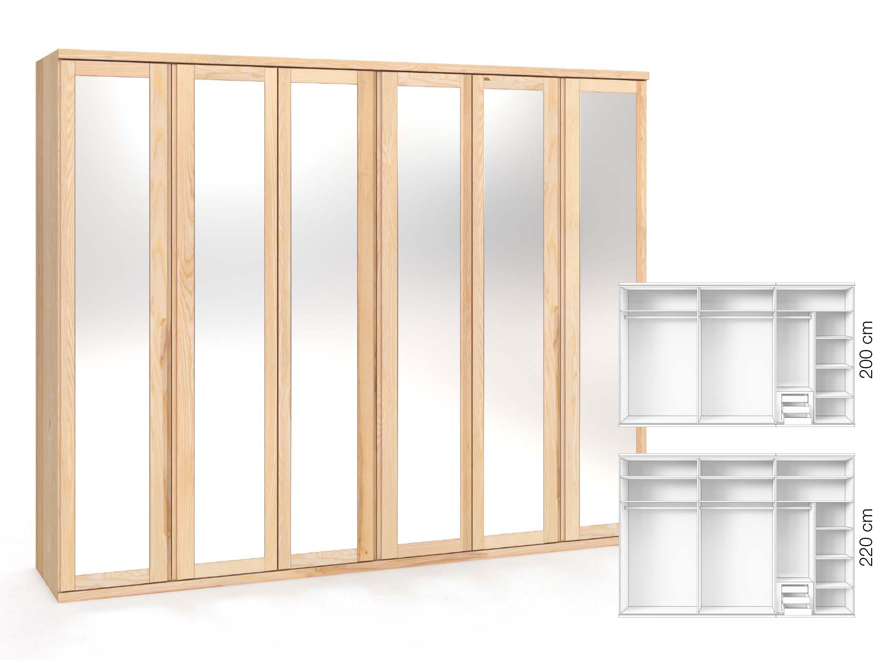 Eschenschrank „Sandra“, 6-türig, Höhe 220 cm, Griffausführung „Patrizia“, Inneneinrichtung: C