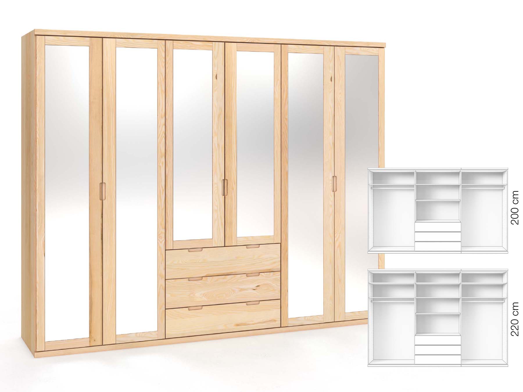 Eschenschrank „Sandra“, 6-türig, Höhe 220 cm, Griffausführung „Lukas“, Inneneinrichtung: D