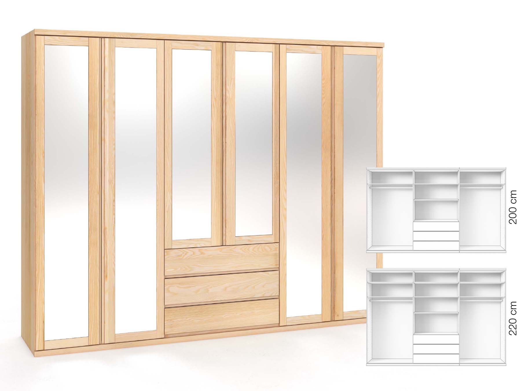 Eschenschrank „Sandra“, 6-türig, Höhe 220 cm, Griffausführung „Patrizia“, Inneneinrichtung: D