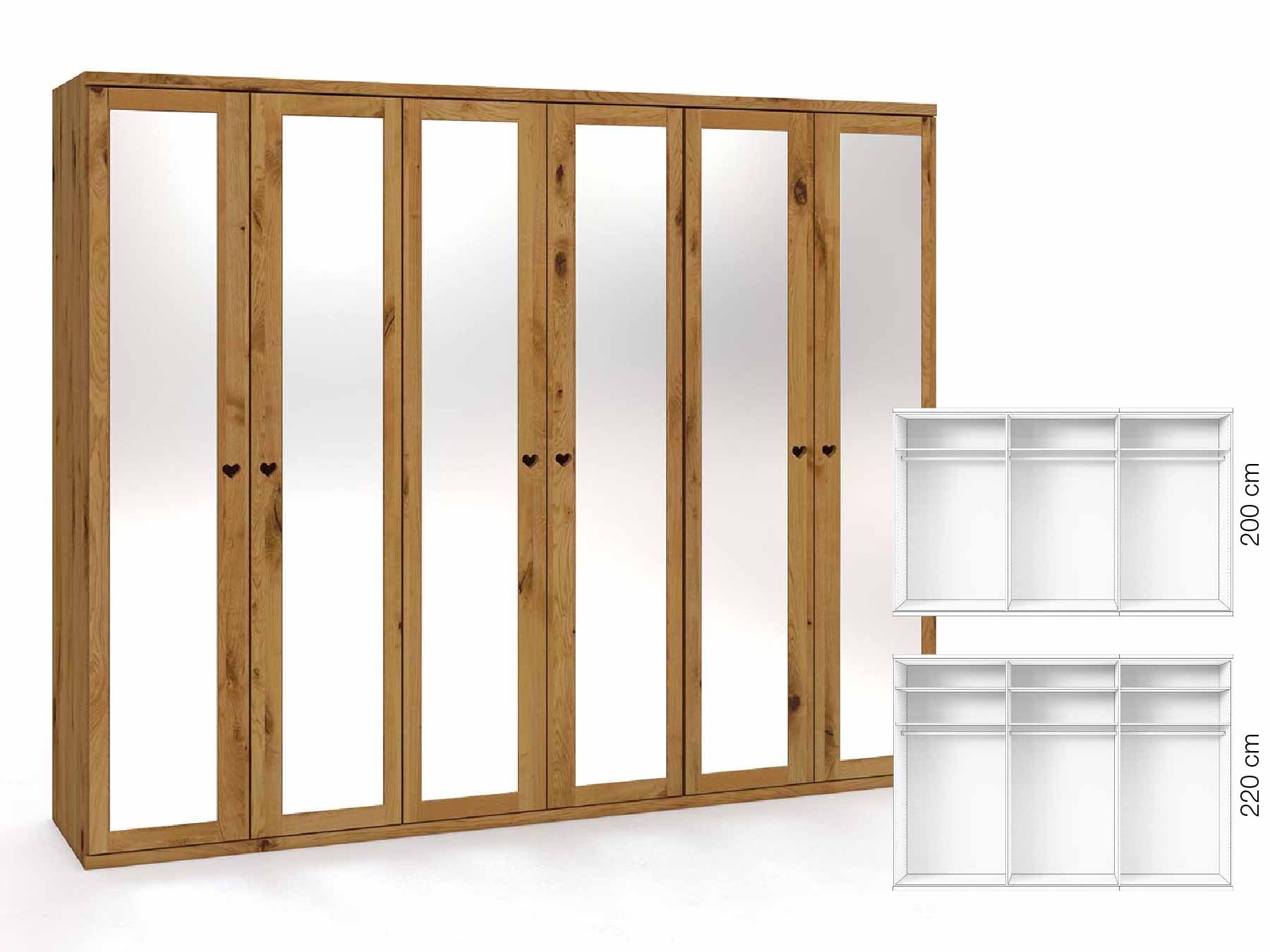 Wildeichenschrank „Sandra“, 6-türig, Höhe 220 cm, Griffausführung „Heidi“, Inneneinrichtung: A