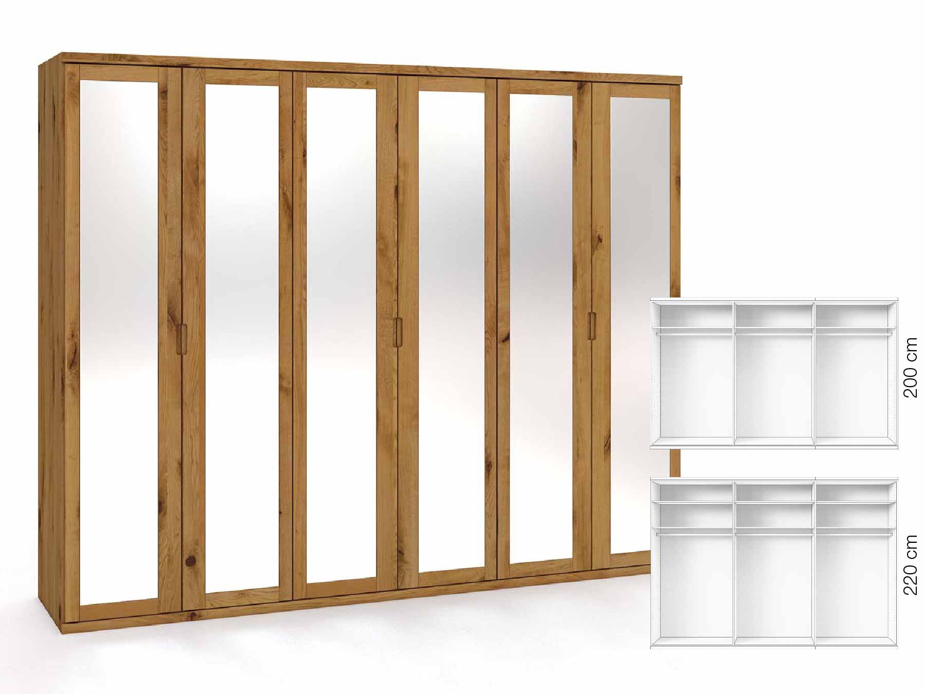 Wildeichenschrank „Sandra“, 6-türig, Höhe 220 cm, Griffausführung „Lukas“, Inneneinrichtung: A