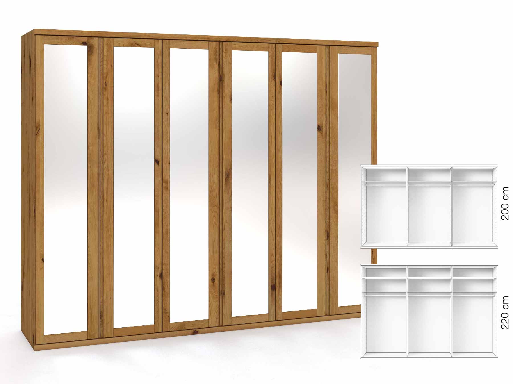 Wildeichenschrank „Sandra“, 6-türig, Höhe 220 cm, Griffausführung „Patrizia“, Inneneinrichtung: A