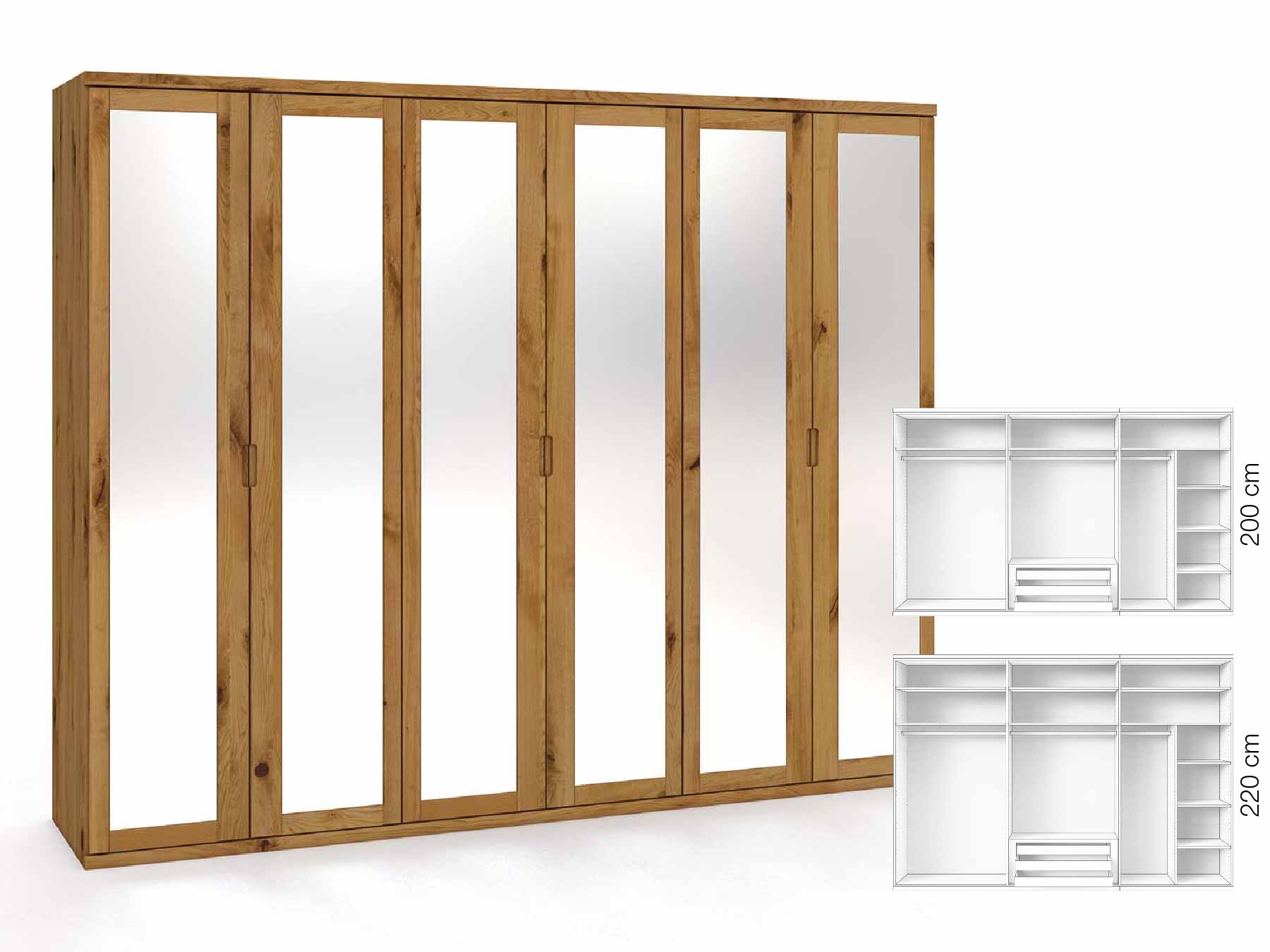 Wildeichenschrank „Sandra“, 6-türig, Höhe 220 cm, Griffausführung „Lukas“, Inneneinrichtung: B