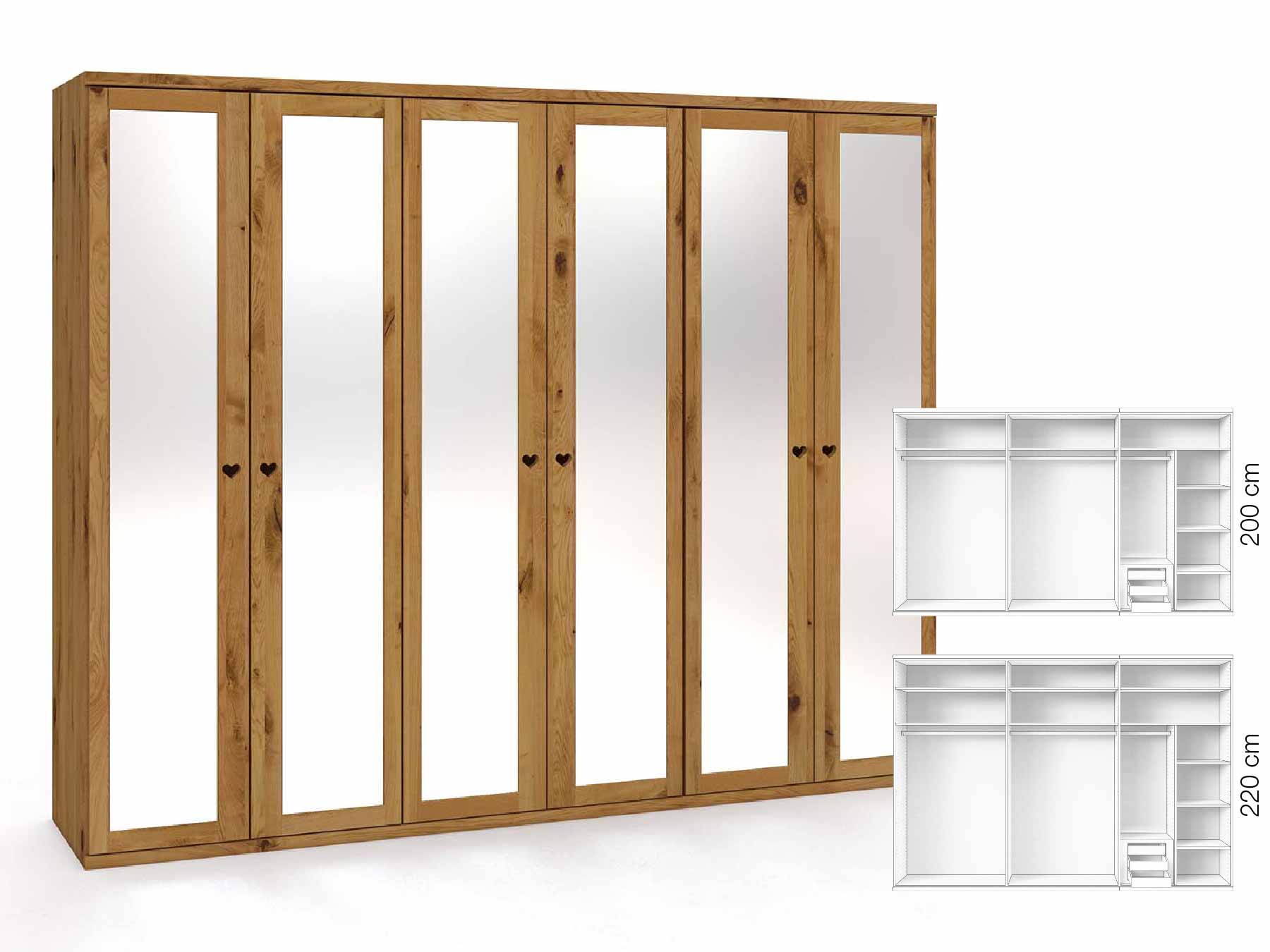 Wildeichenschrank „Sandra“, 6-türig, Höhe 220 cm, Griffausführung „Heidi“, Inneneinrichtung: C