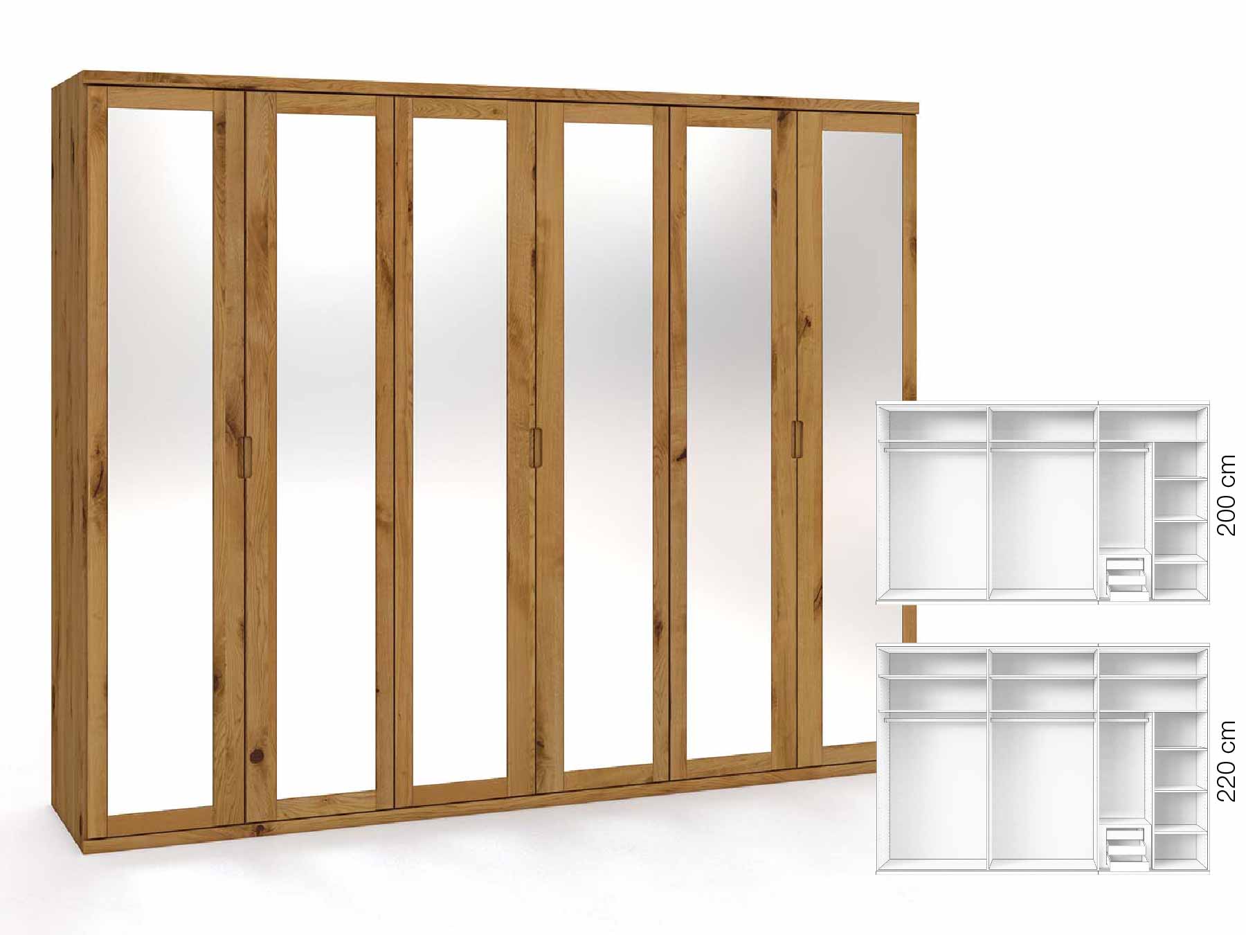 Wildeichenschrank „Sandra“, 6-türig, Höhe 220 cm, Griffausführung „Lukas“, Inneneinrichtung: C