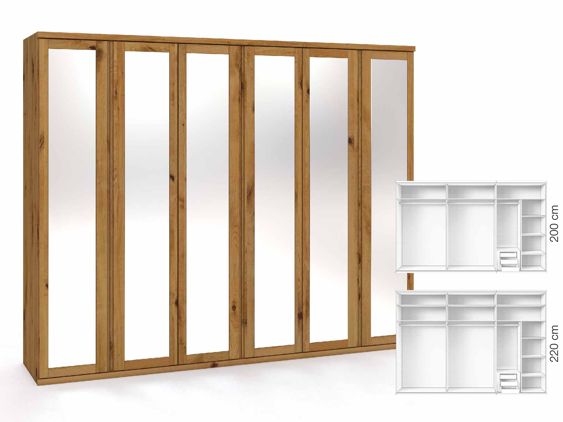 Wildeichenschrank „Sandra“, 6-türig, Höhe 220 cm, Griffausführung „Patrizia“, Inneneinrichtung: C