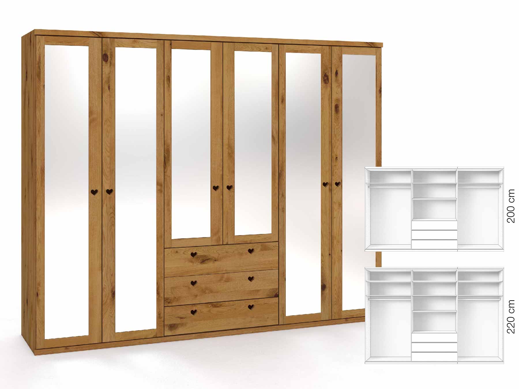 Wildeichenschrank „Sandra“, 6-türig, Höhe 220 cm, Griffausführung „Heidi“, Inneneinrichtung: D