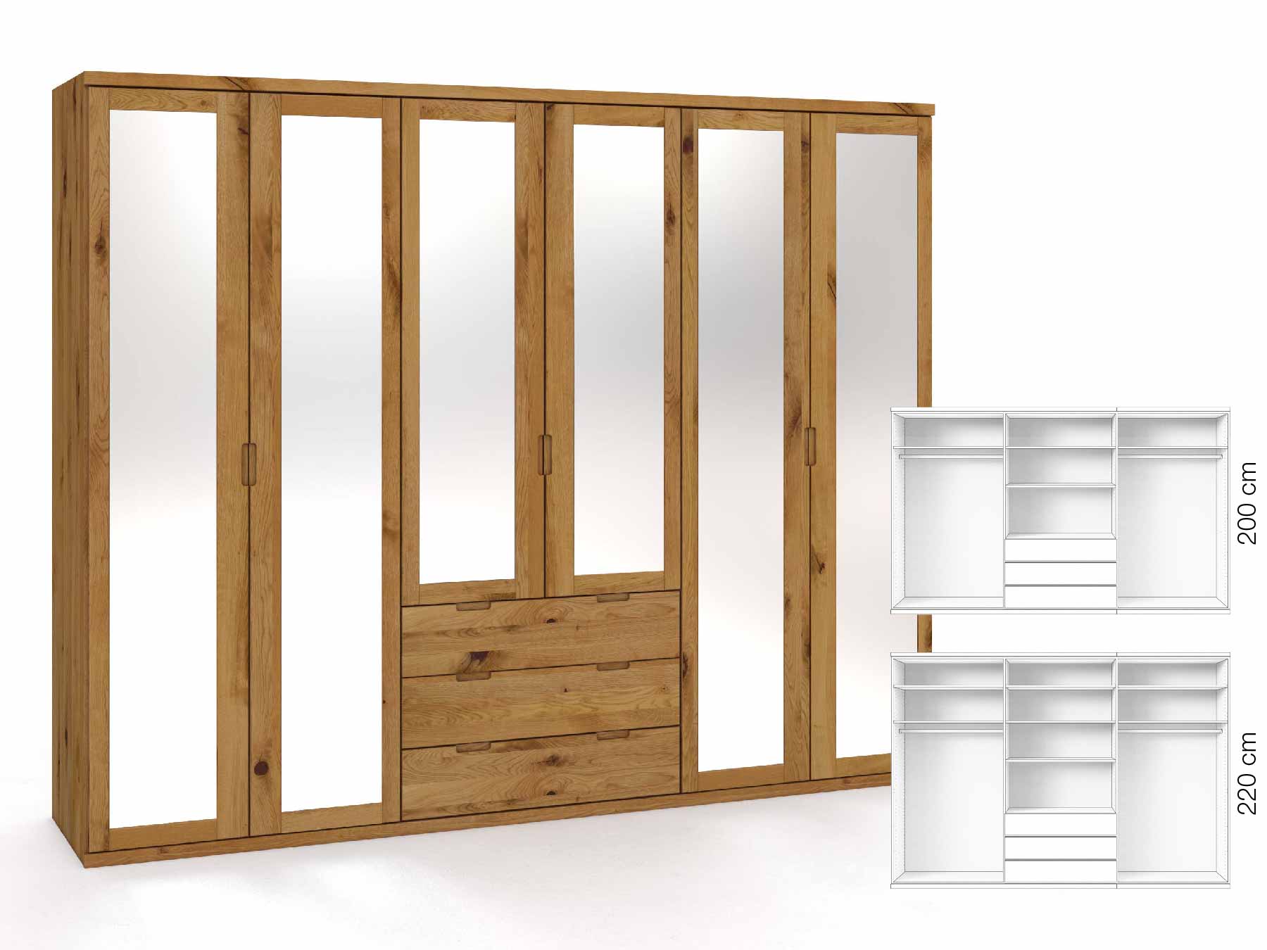Wildeichenschrank „Sandra“, 6-türig, Höhe 220 cm, Griffausführung „Lukas“, Inneneinrichtung: D